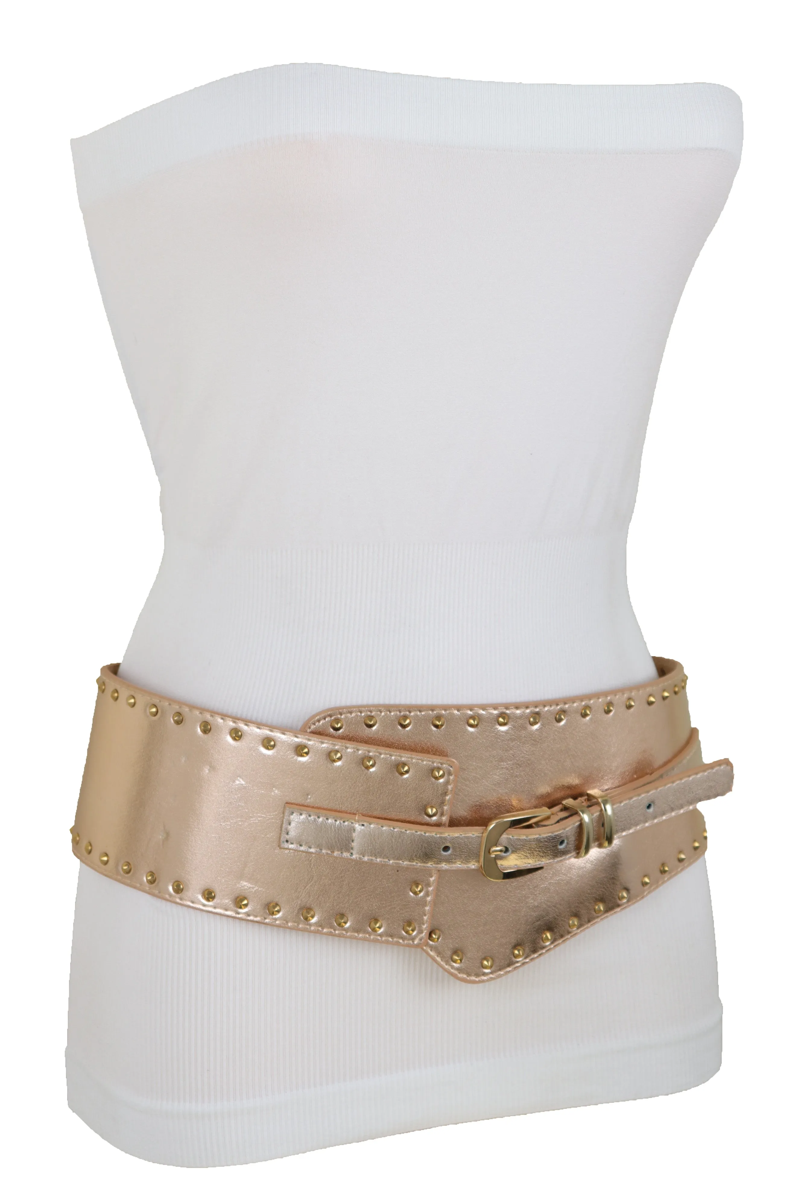 Wide Elastic Rose Gold Faux Leather Western Fashion Belt Metal Studs S M