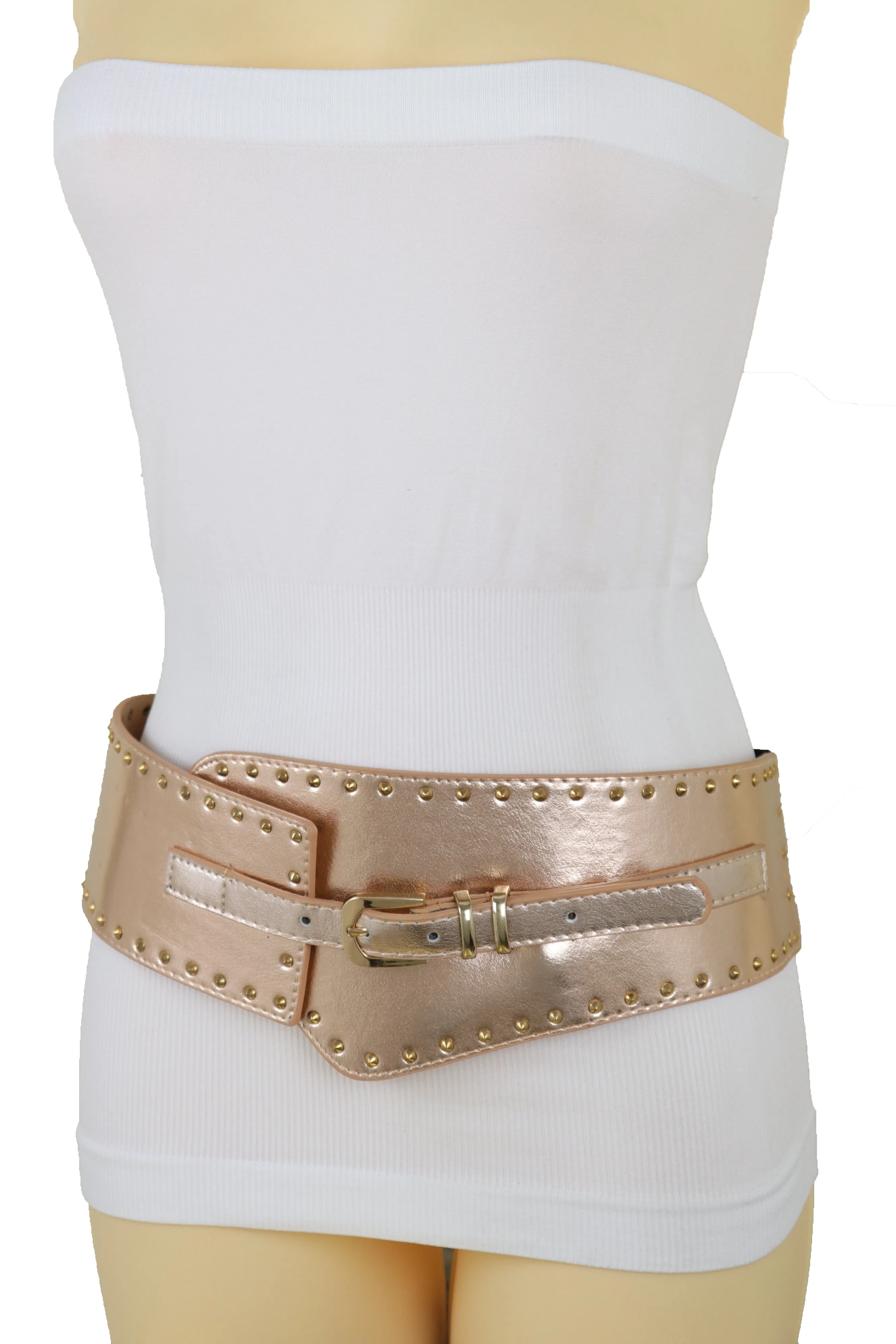 Wide Elastic Rose Gold Faux Leather Western Fashion Belt Metal Studs S M
