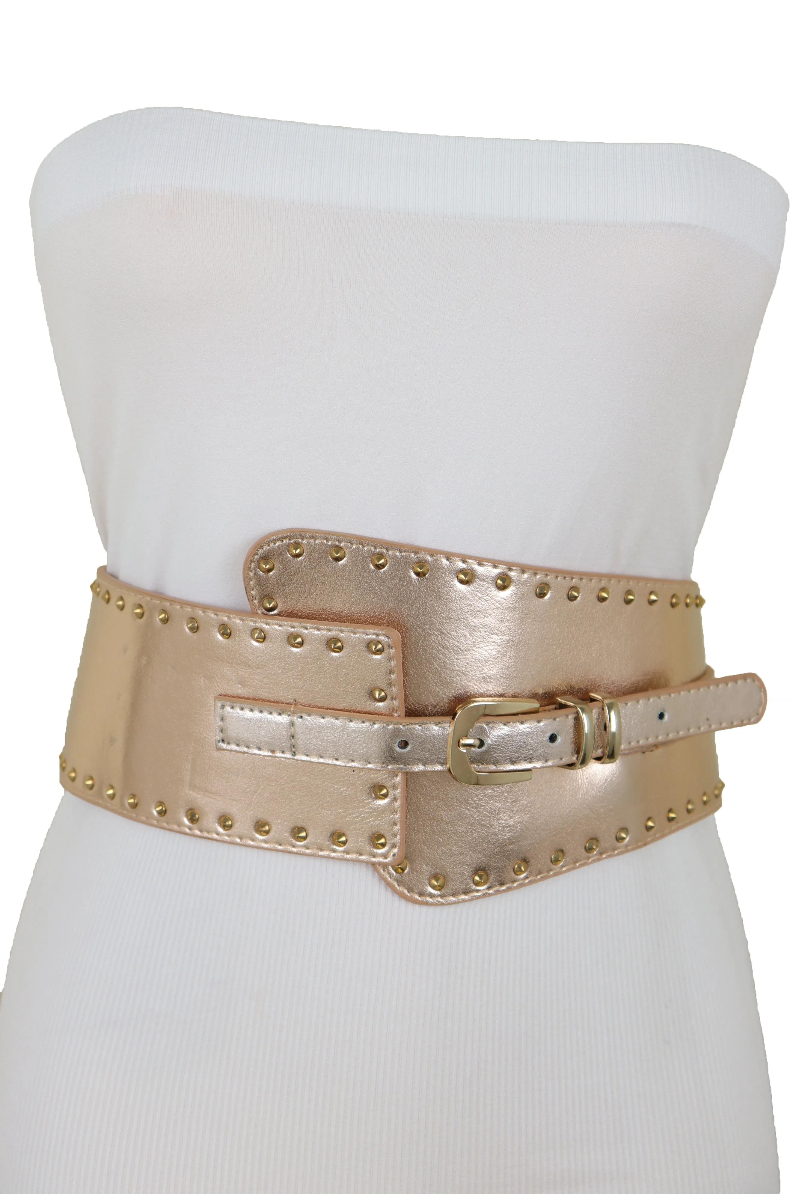 Wide Elastic Rose Gold Faux Leather Western Fashion Belt Metal Studs S M