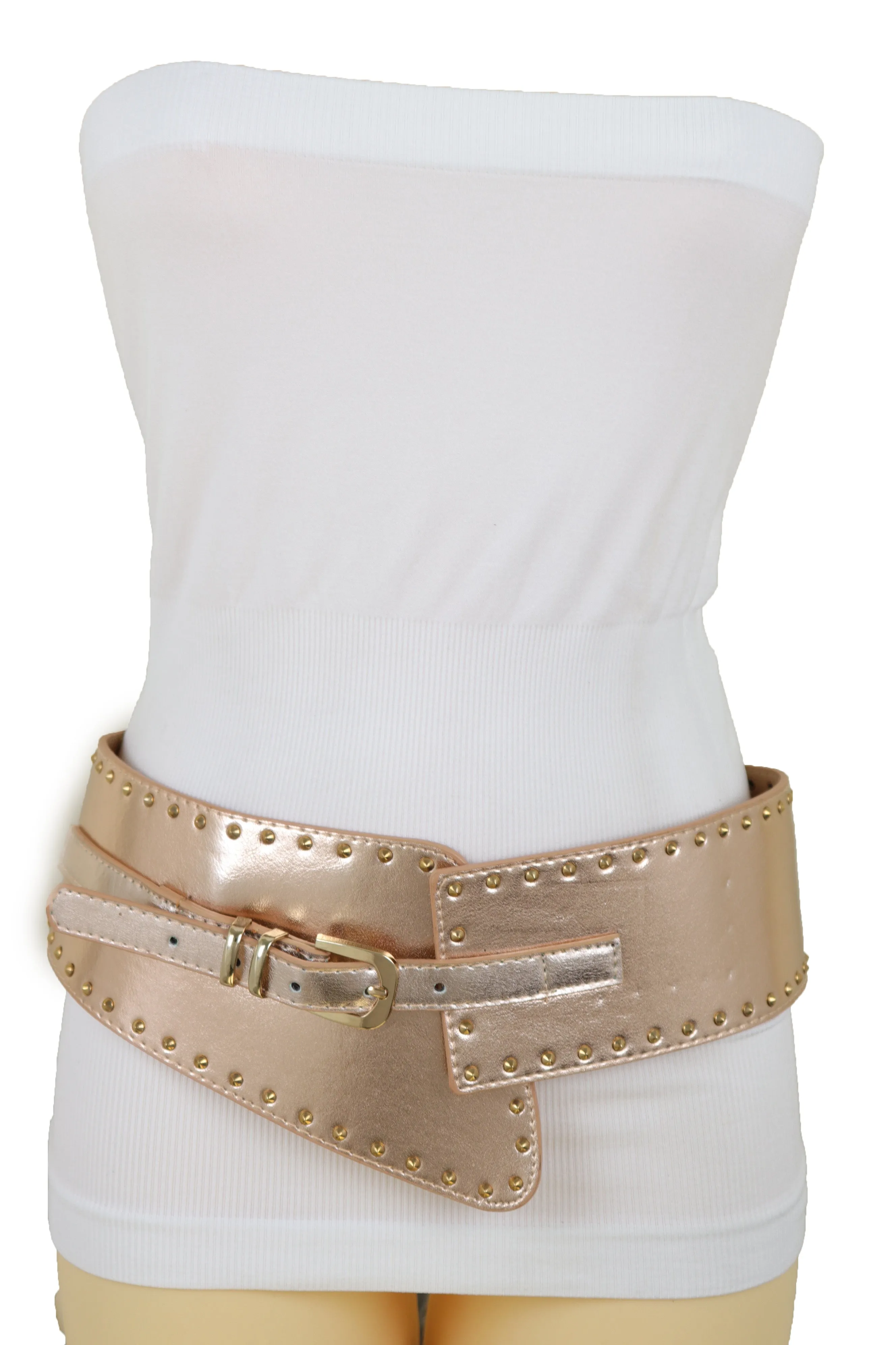 Wide Elastic Rose Gold Faux Leather Western Fashion Belt Metal Studs S M