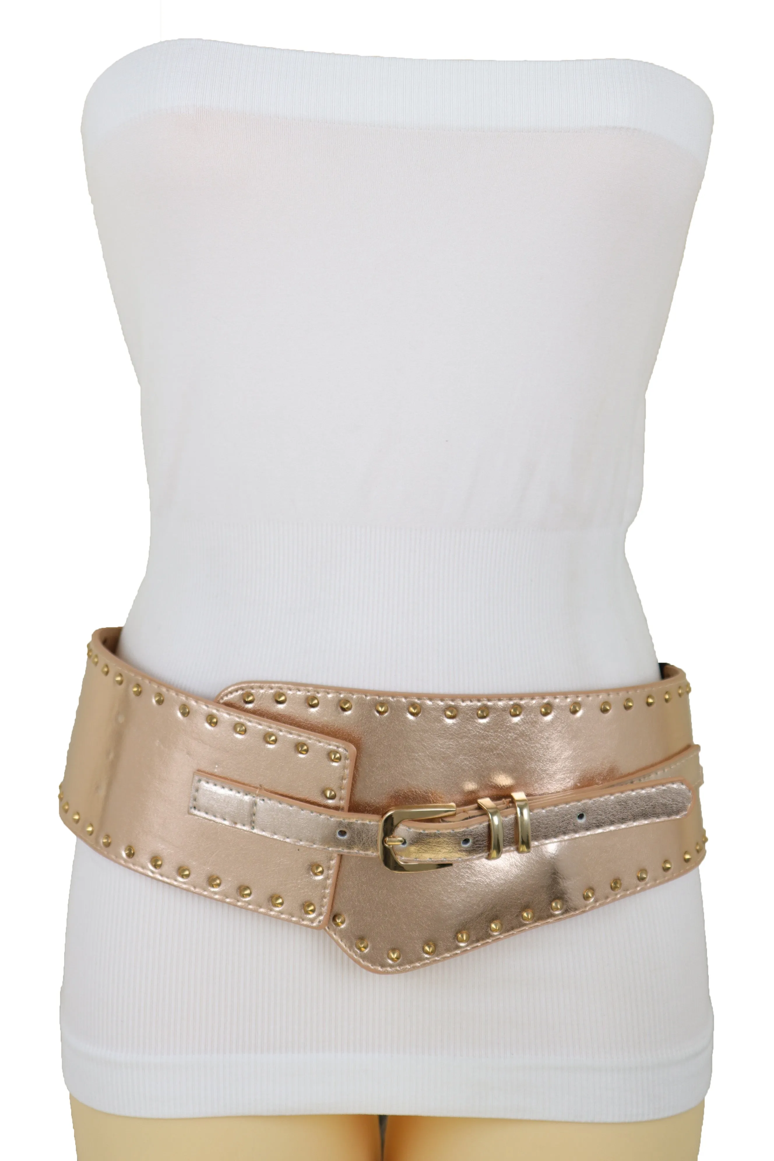 Wide Elastic Rose Gold Faux Leather Western Fashion Belt Metal Studs S M