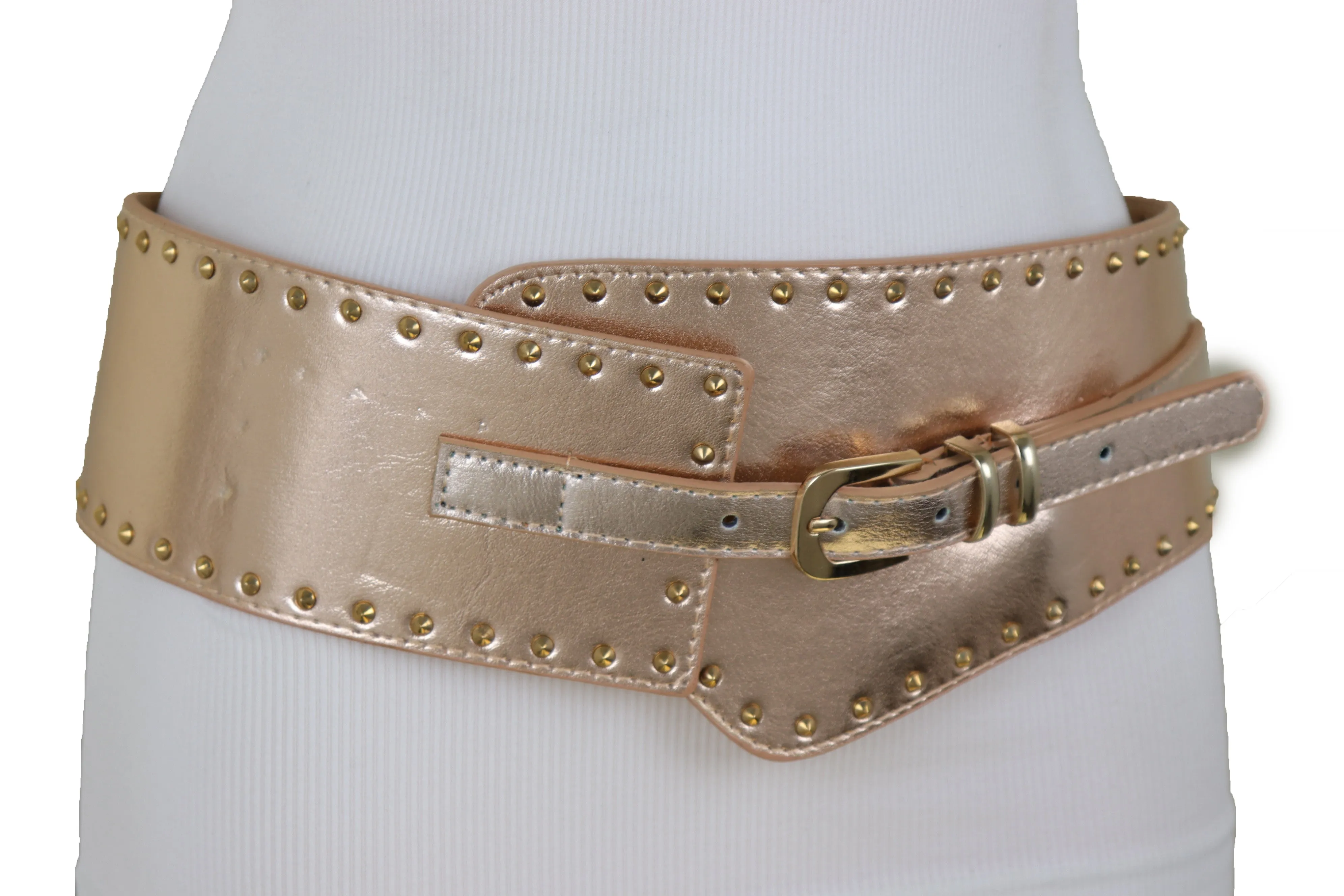 Wide Elastic Rose Gold Faux Leather Western Fashion Belt Metal Studs S M