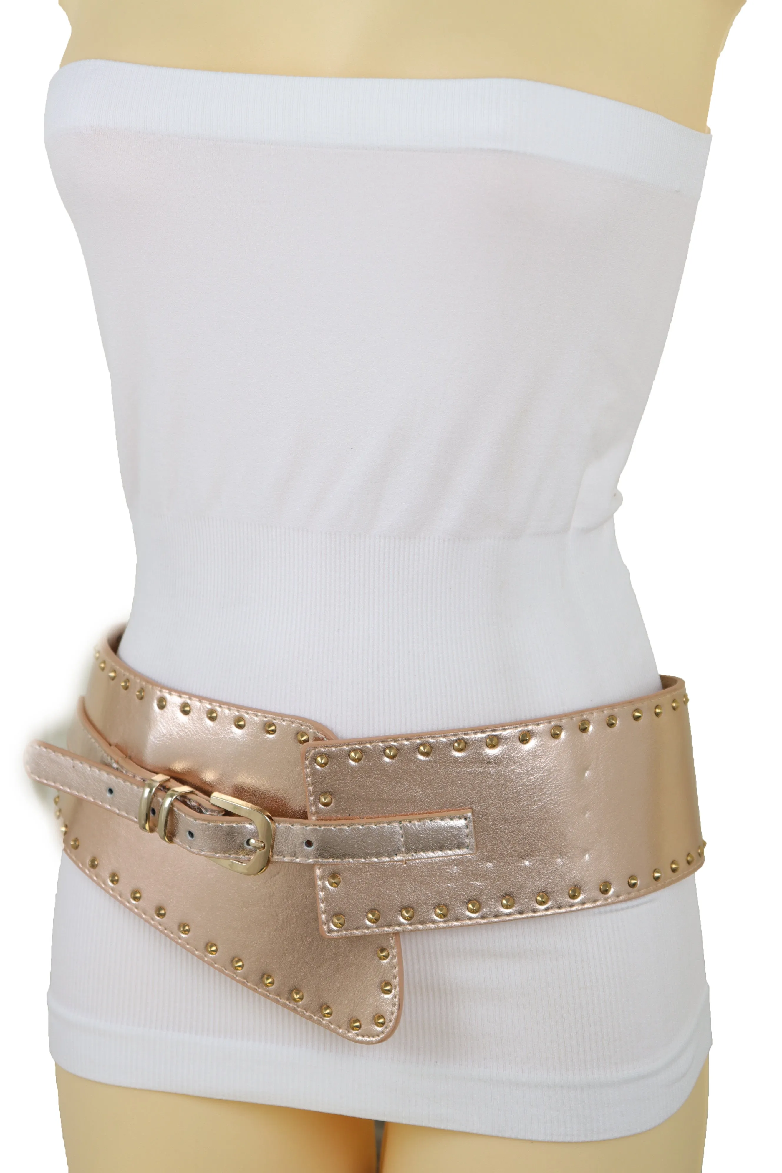 Wide Elastic Rose Gold Faux Leather Western Fashion Belt Metal Studs S M