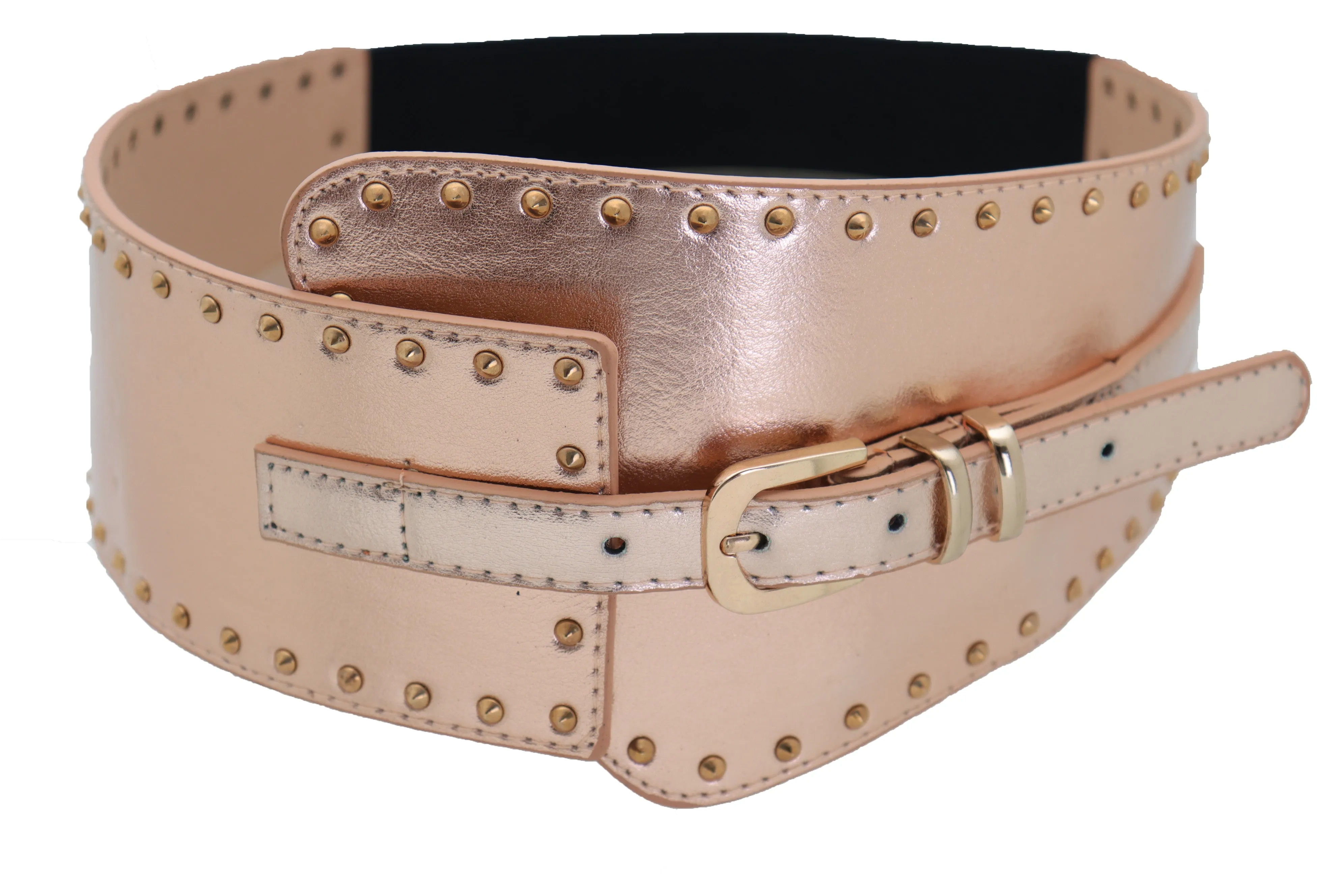 Wide Elastic Rose Gold Faux Leather Western Fashion Belt Metal Studs S M