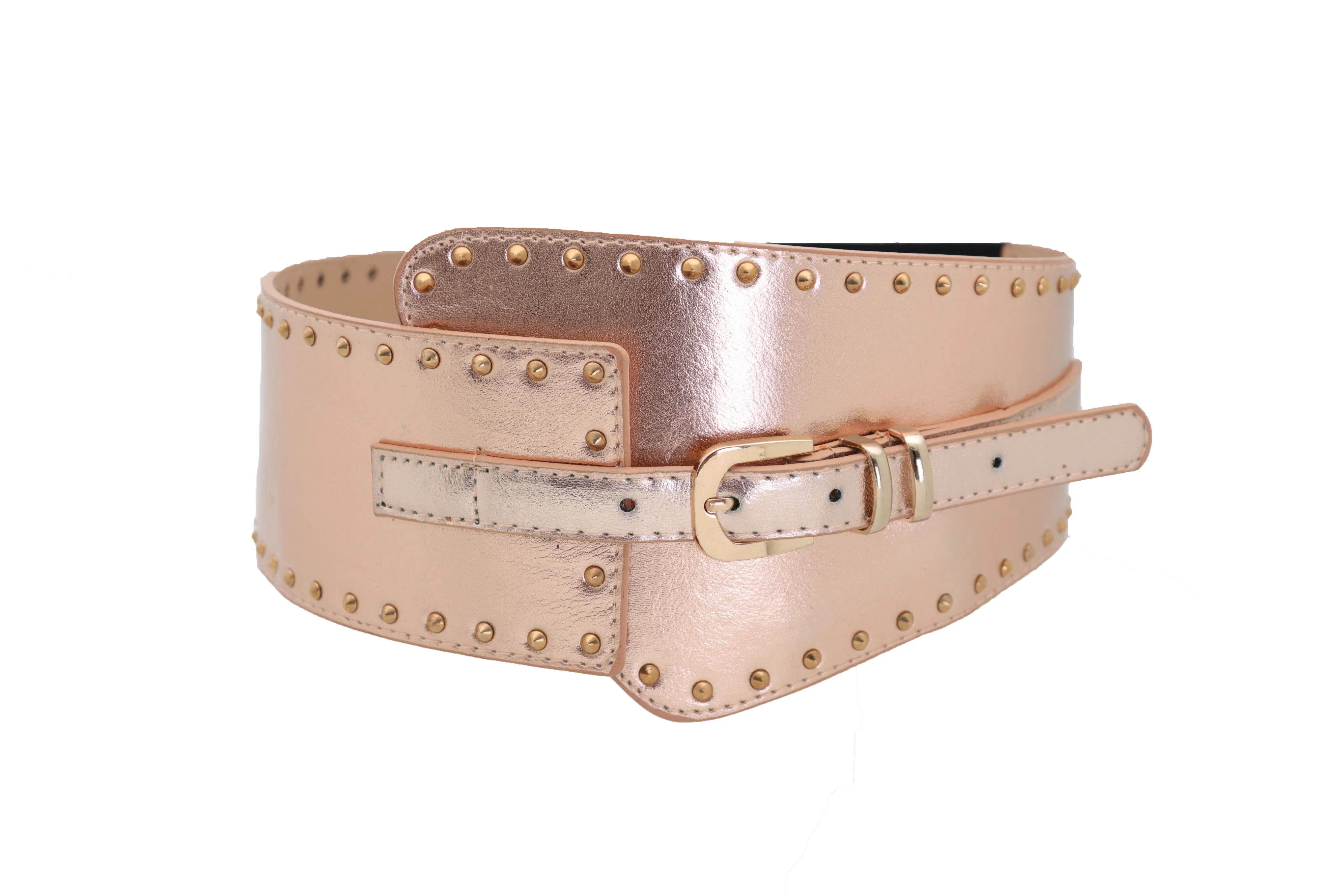 Wide Elastic Rose Gold Faux Leather Western Fashion Belt Metal Studs S M