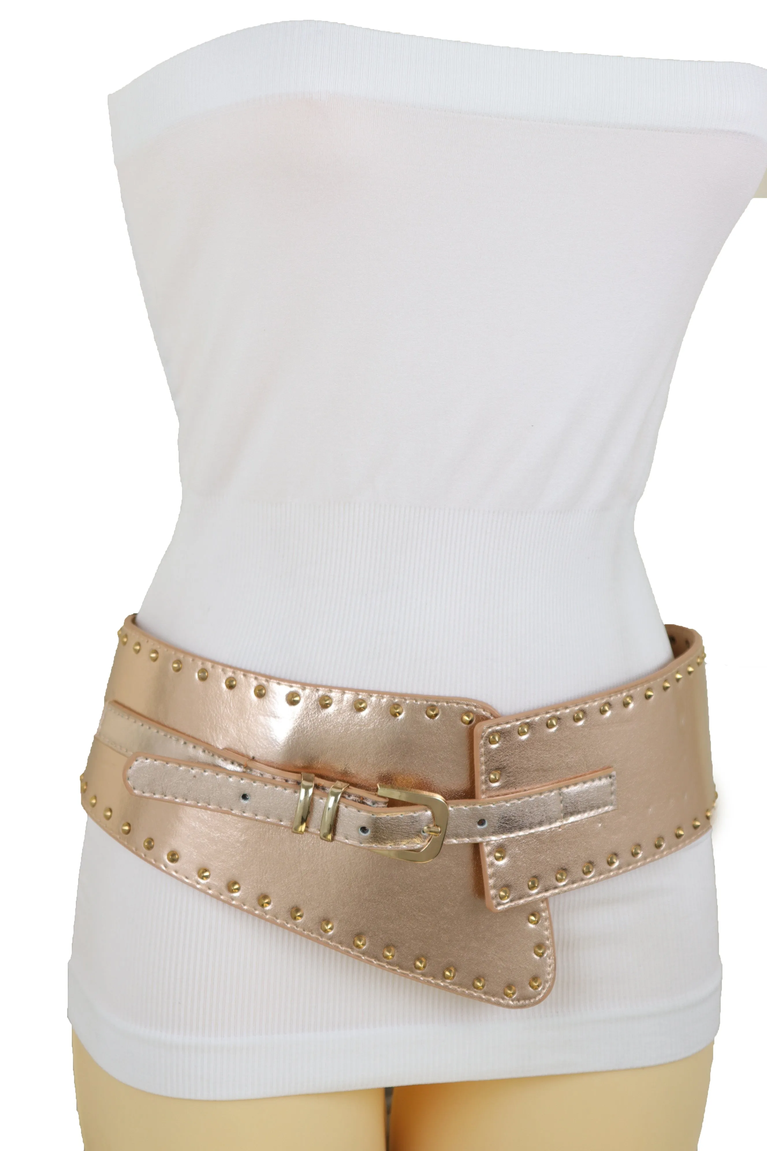Wide Elastic Rose Gold Faux Leather Western Fashion Belt Metal Studs S M