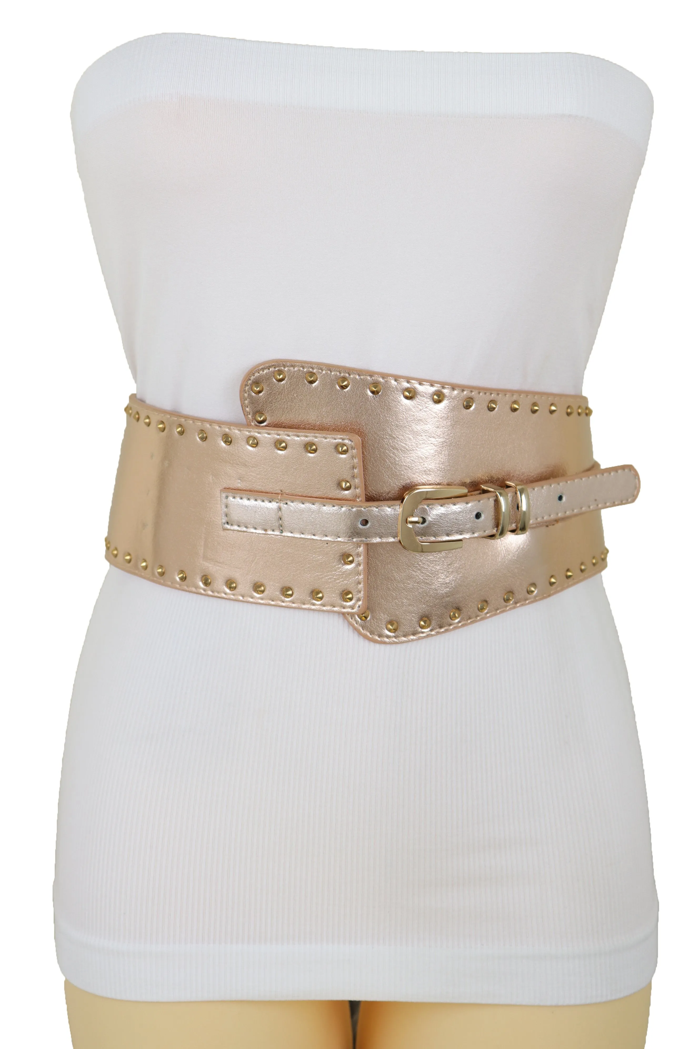 Wide Elastic Rose Gold Faux Leather Western Fashion Belt Metal Studs S M