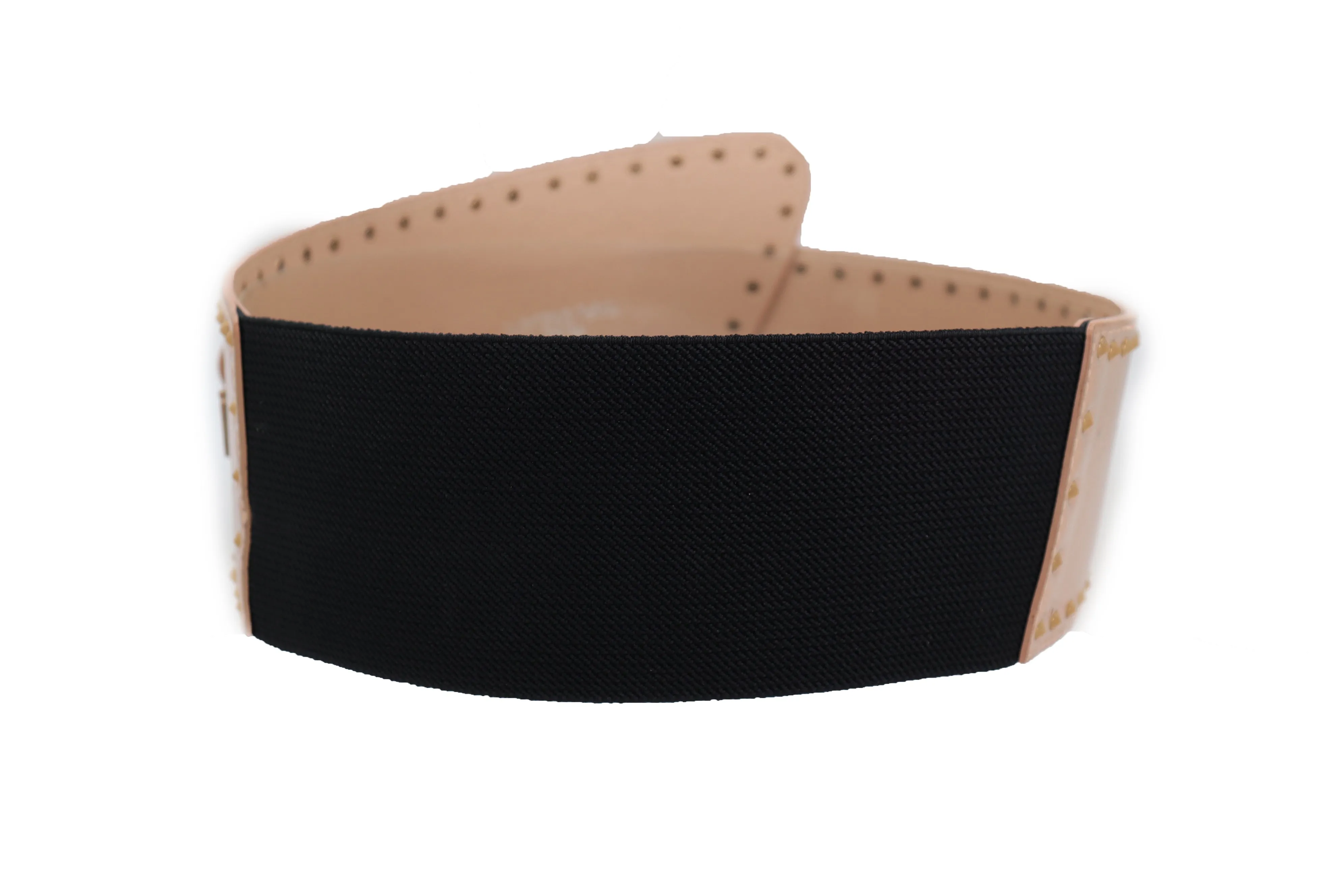 Wide Elastic Rose Gold Faux Leather Western Fashion Belt Metal Studs S M