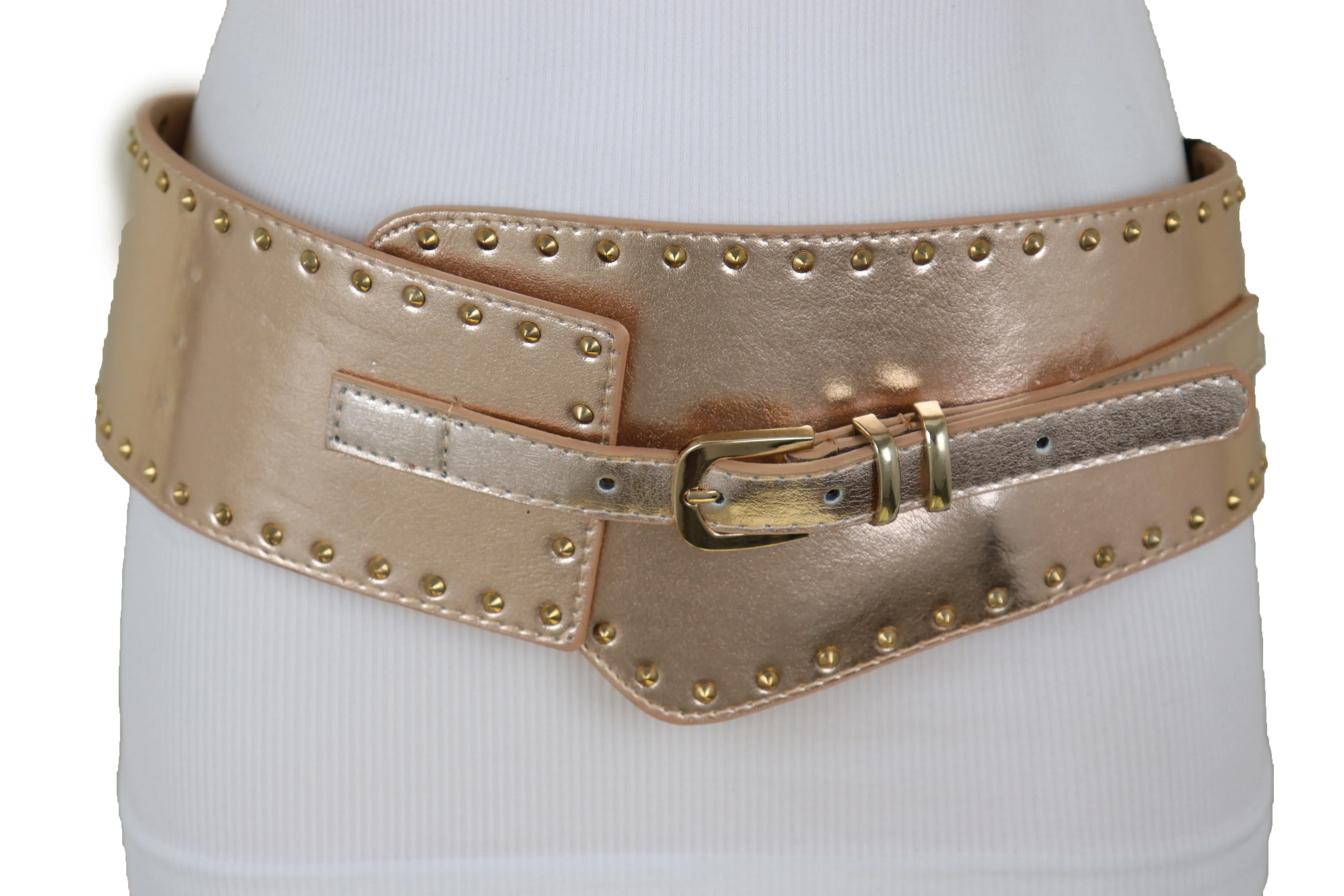 Wide Elastic Rose Gold Faux Leather Western Fashion Belt Metal Studs S M