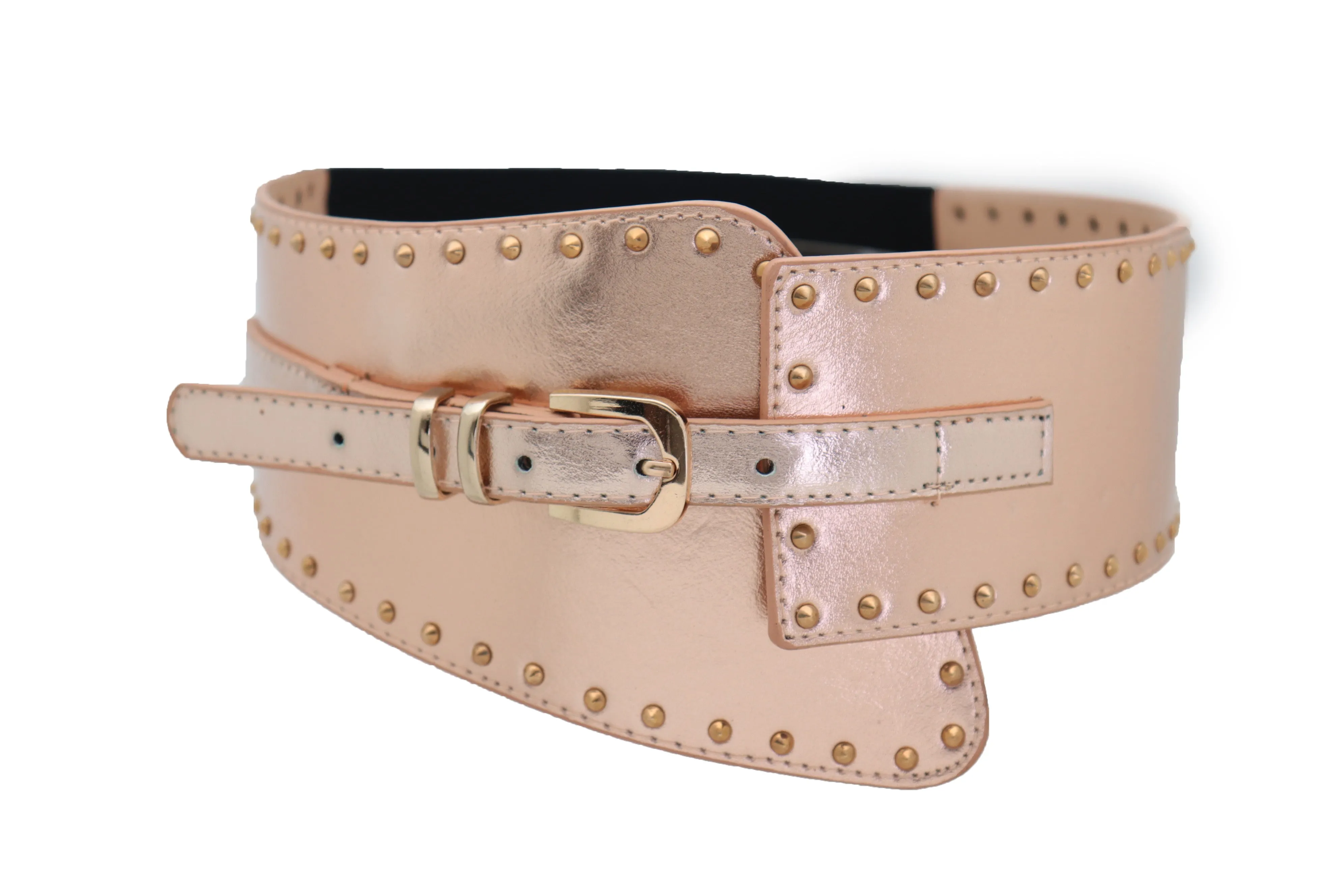 Wide Elastic Rose Gold Faux Leather Western Fashion Belt Metal Studs S M