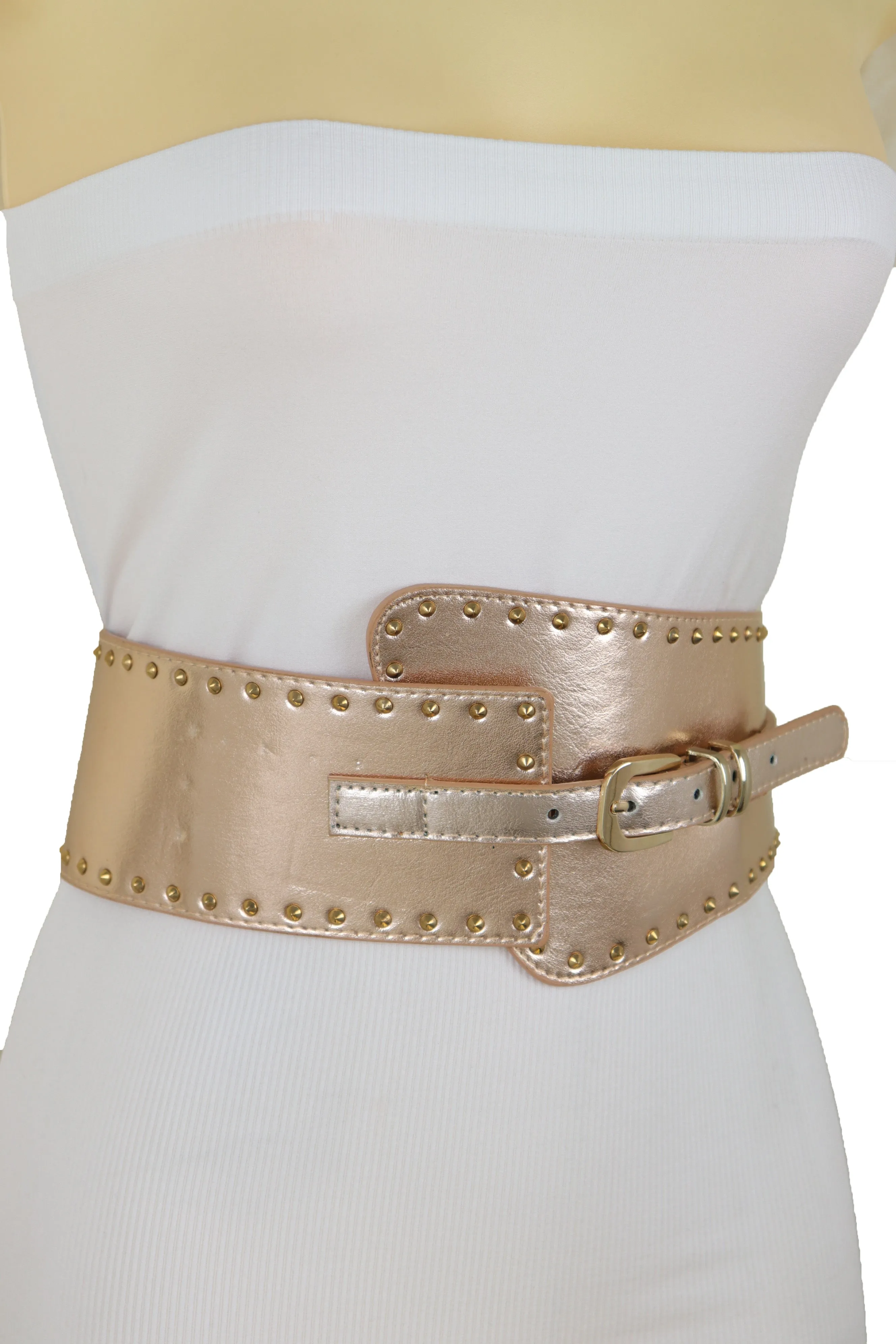 Wide Elastic Rose Gold Faux Leather Western Fashion Belt Metal Studs S M