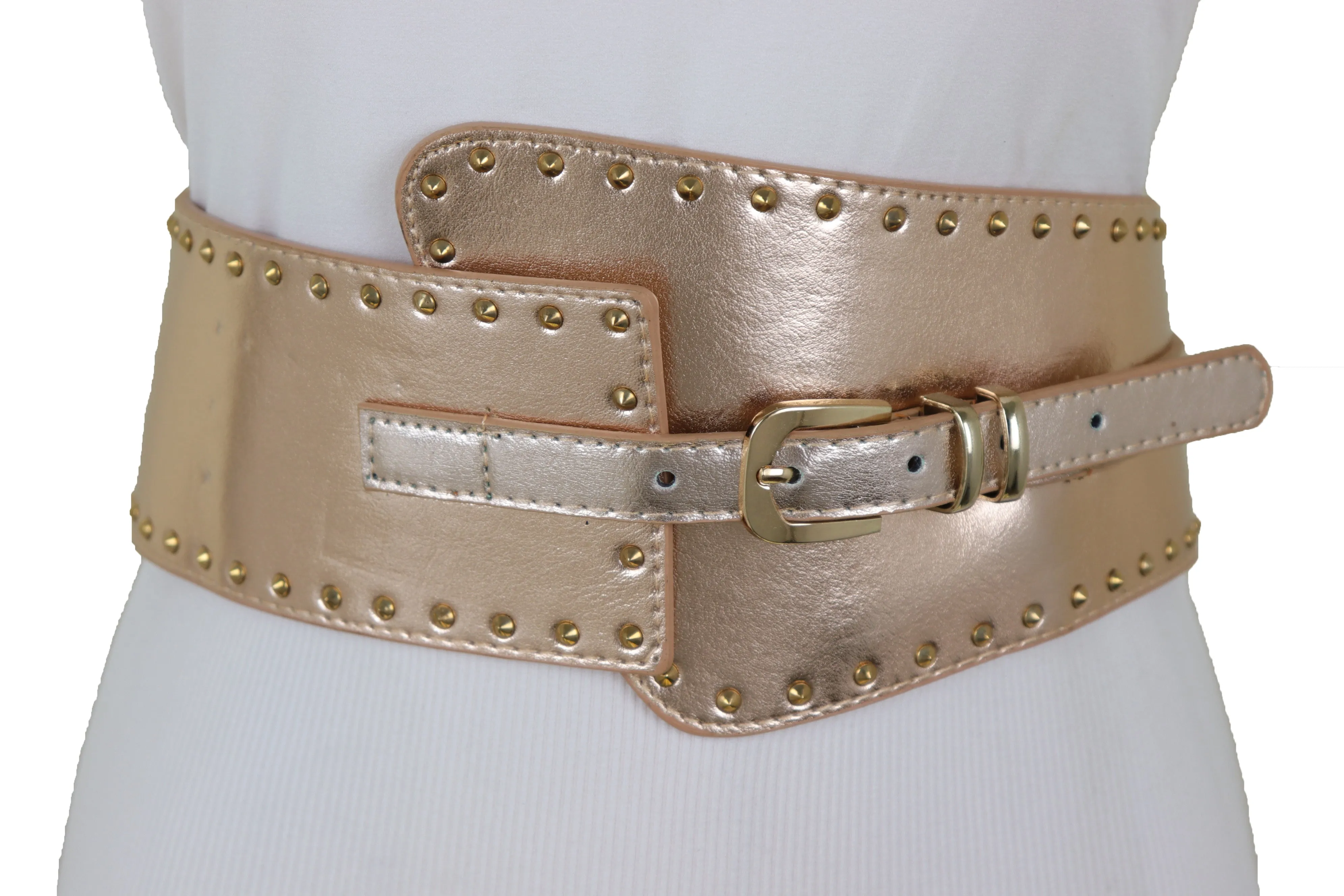 Wide Elastic Rose Gold Faux Leather Western Fashion Belt Metal Studs S M