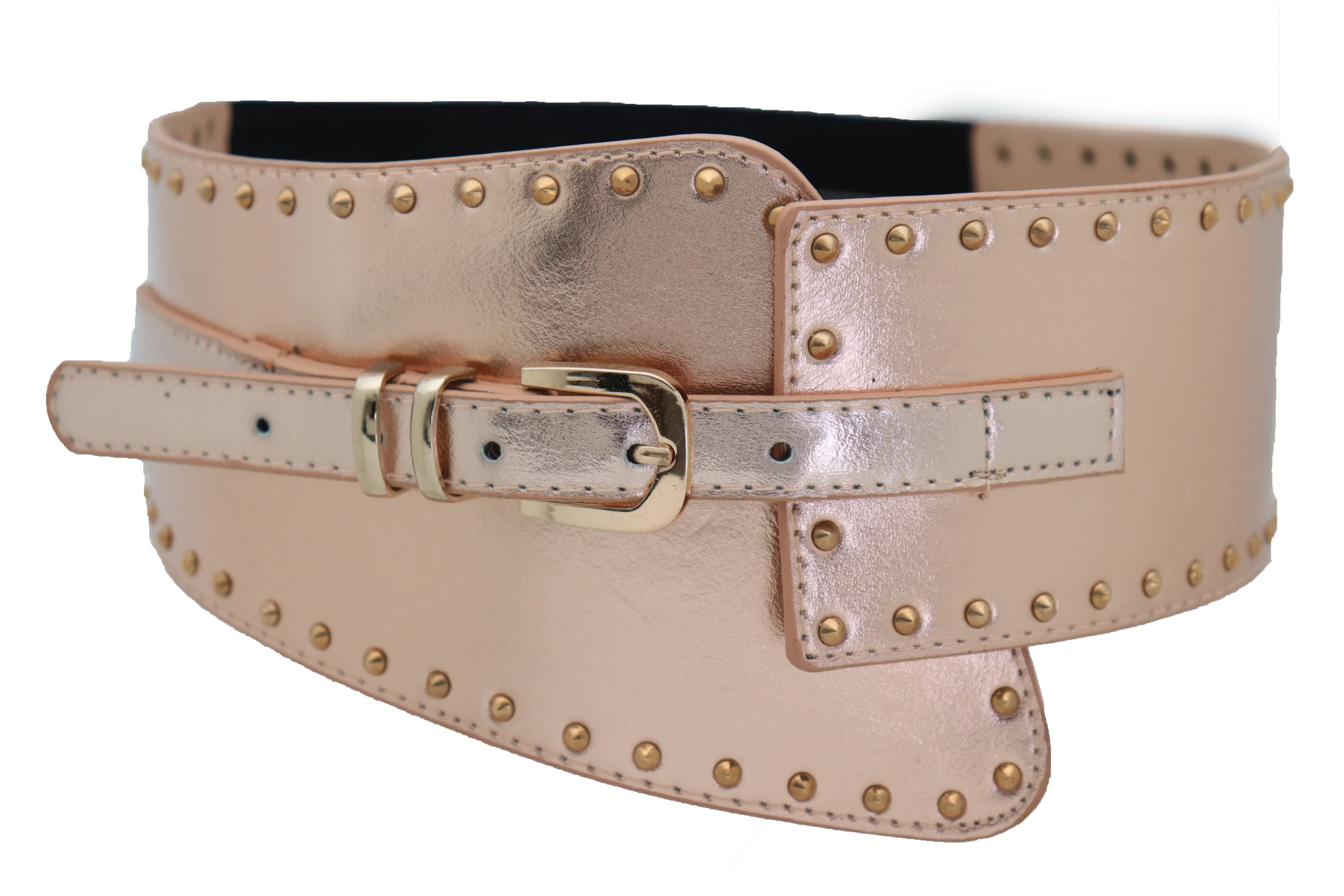 Wide Elastic Rose Gold Faux Leather Western Fashion Belt Metal Studs S M