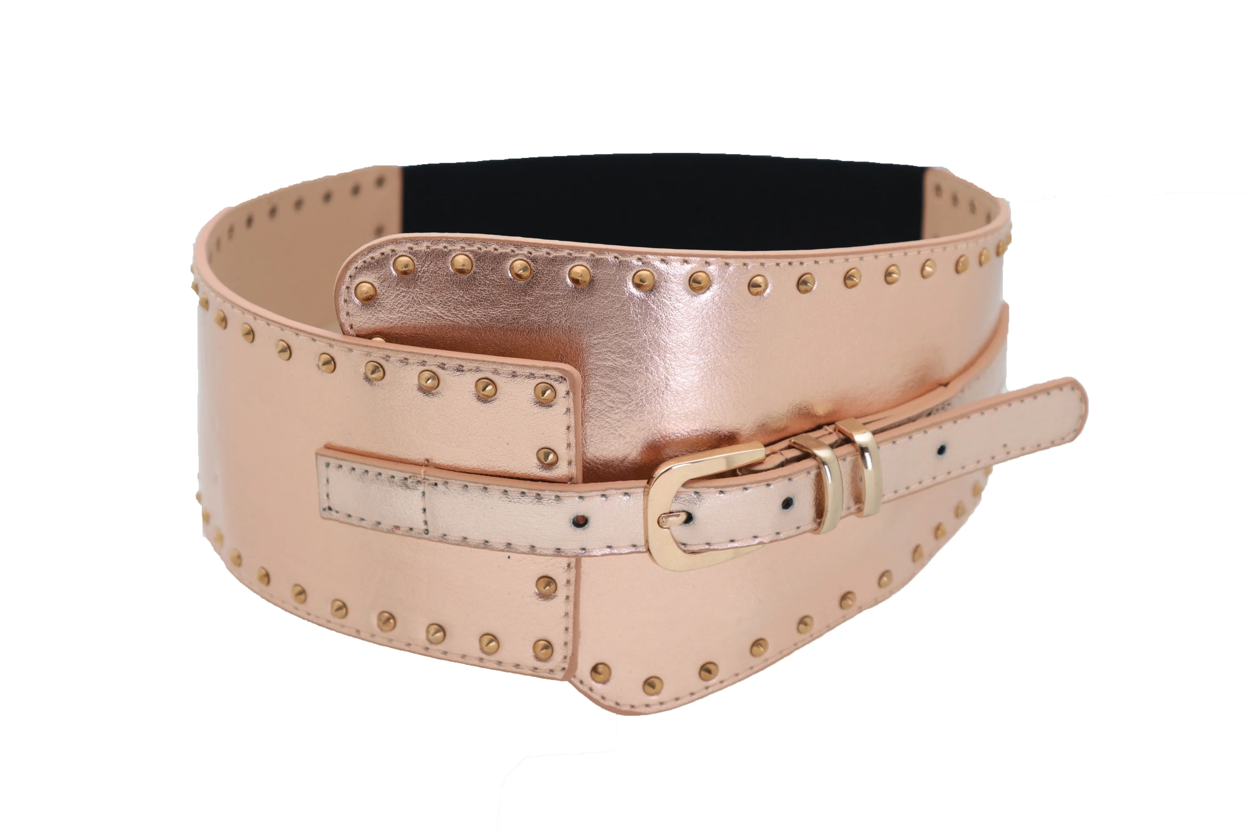 Wide Elastic Rose Gold Faux Leather Western Fashion Belt Metal Studs S M