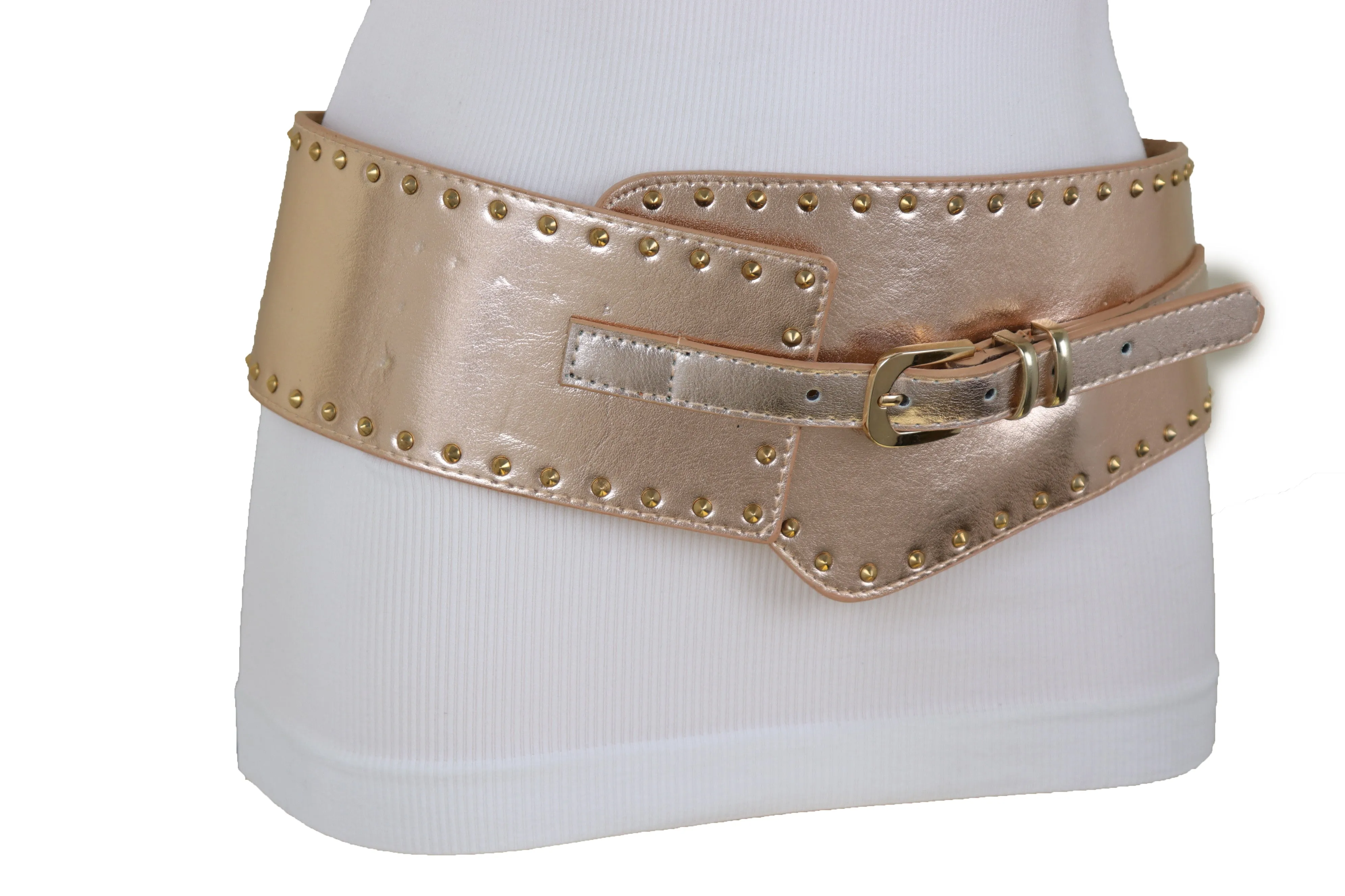 Wide Elastic Rose Gold Faux Leather Western Fashion Belt Metal Studs S M