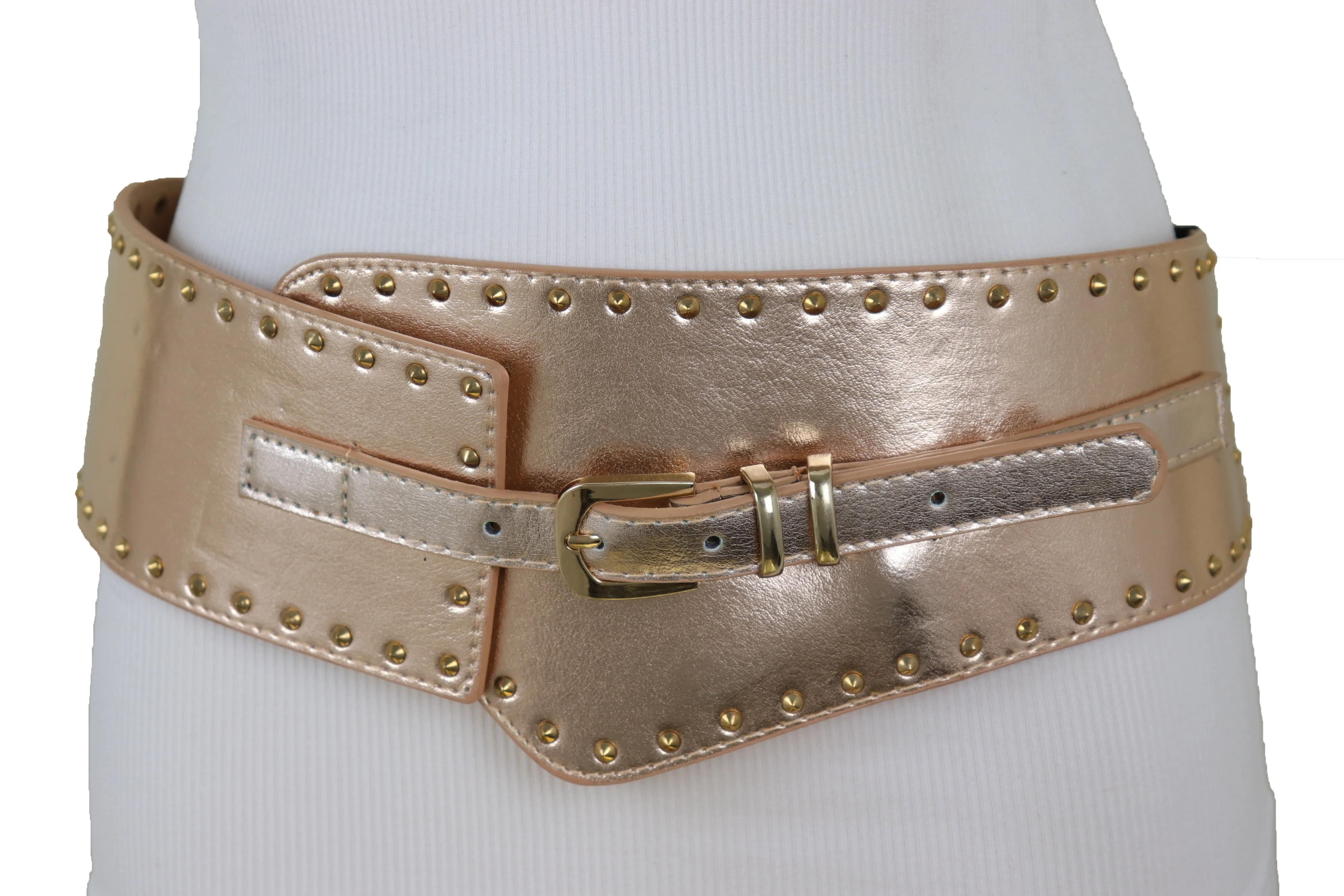 Wide Elastic Rose Gold Faux Leather Western Fashion Belt Metal Studs S M