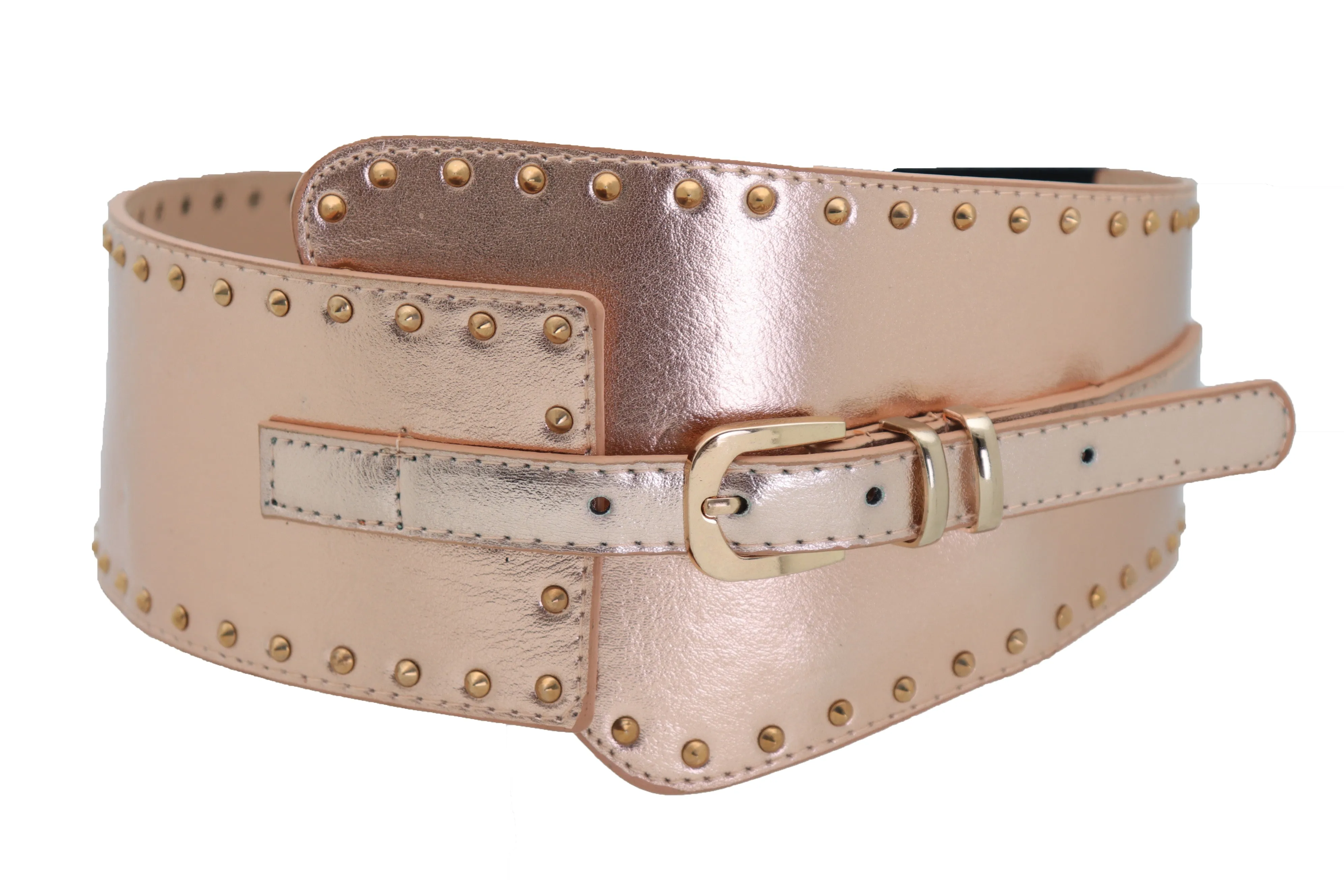 Wide Elastic Rose Gold Faux Leather Western Fashion Belt Metal Studs S M