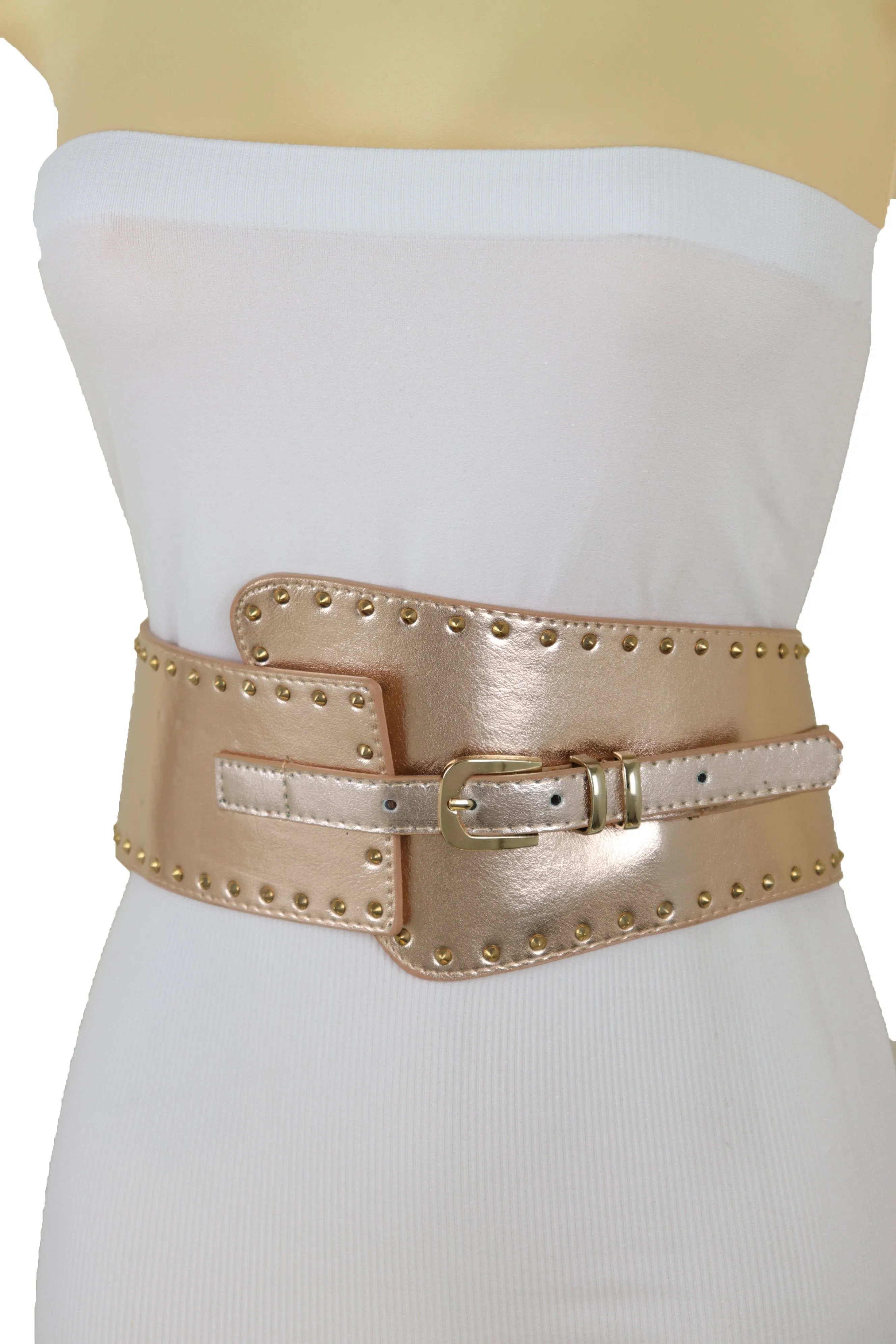 Wide Elastic Rose Gold Faux Leather Western Fashion Belt Metal Studs S M