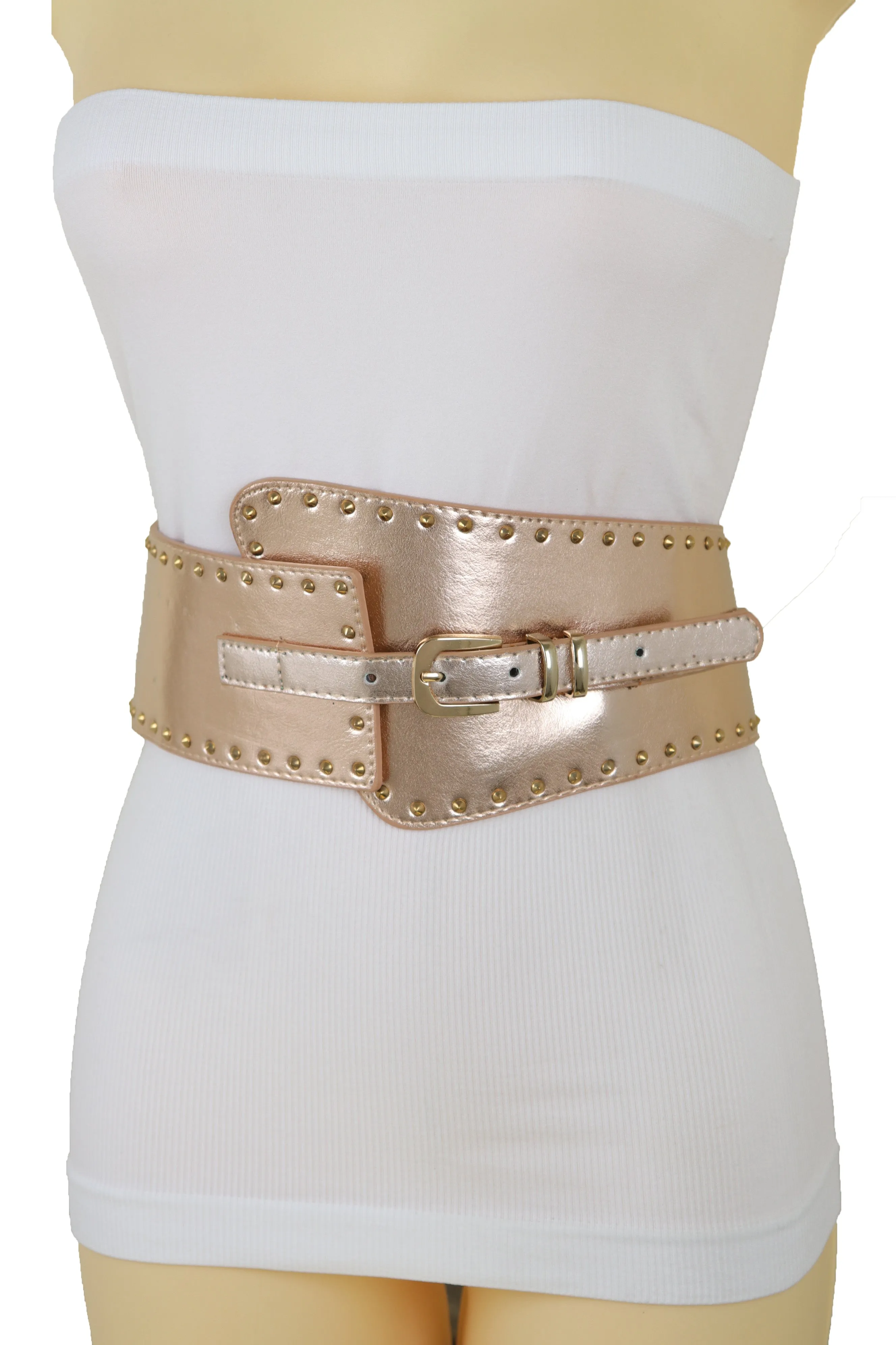 Wide Elastic Rose Gold Faux Leather Western Fashion Belt Metal Studs S M