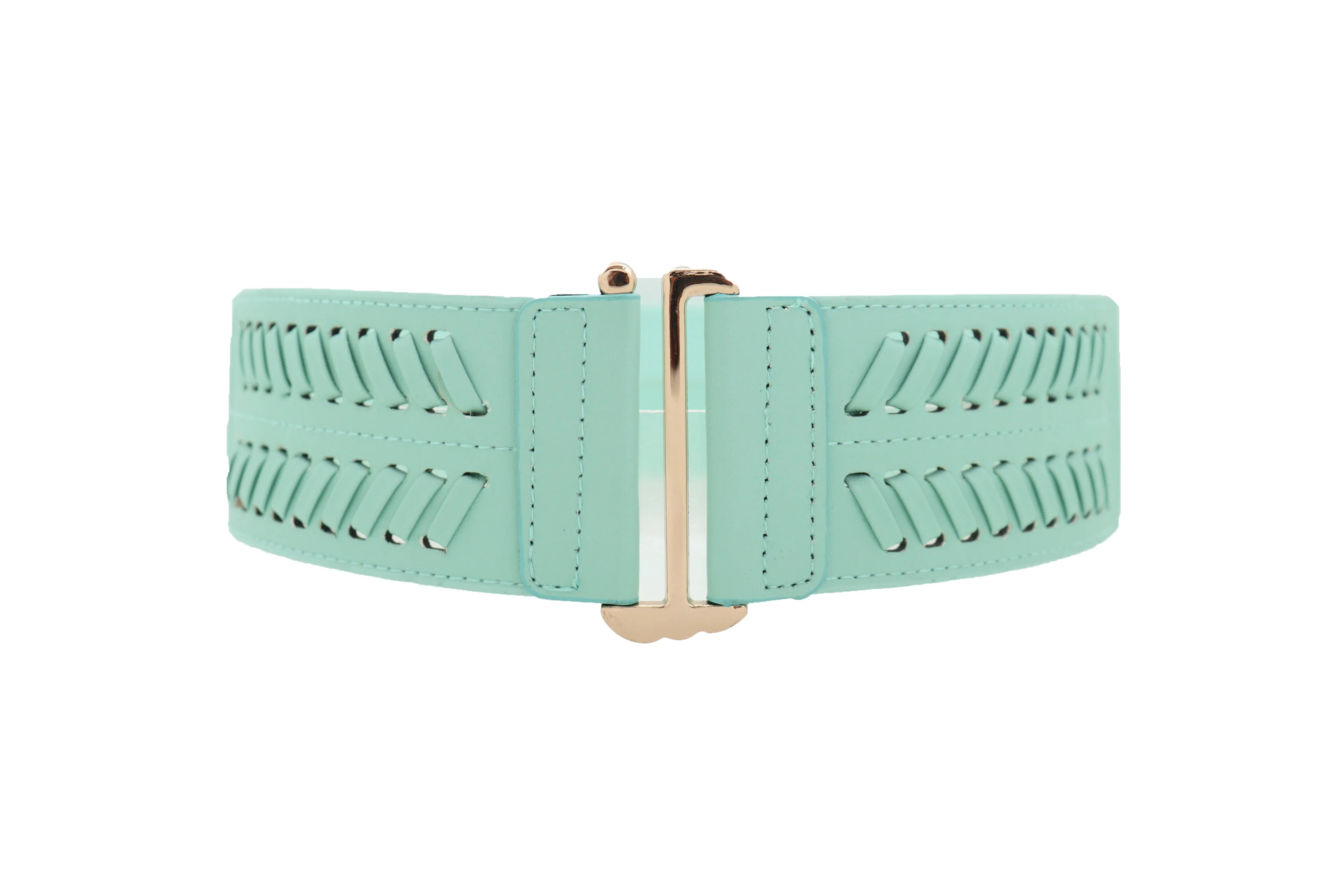 Women Pastel Bright Blue Aqua Mint Color Stripes Arrow Elastic Band Fashion Belt Gold Buckle S M