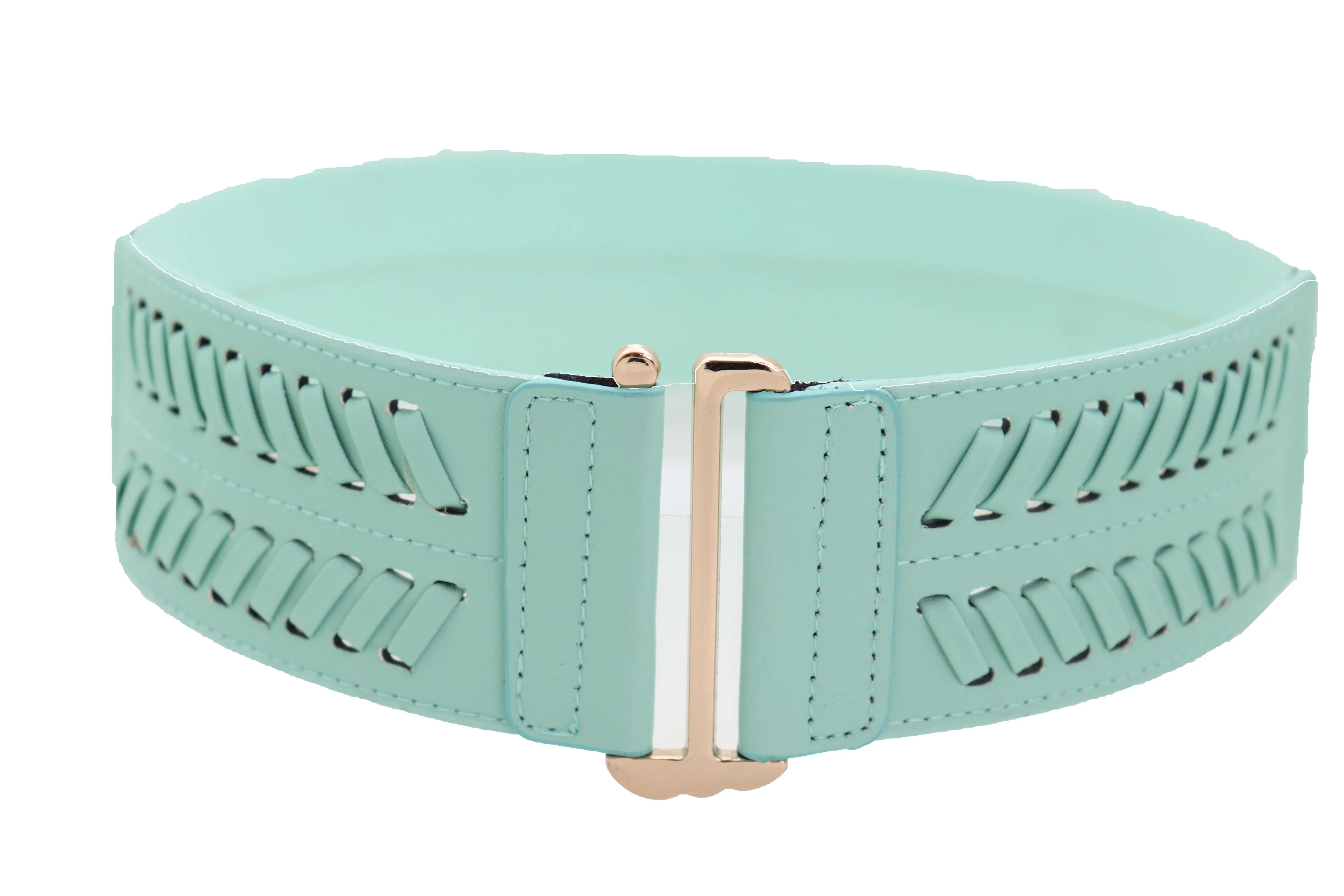 Women Pastel Bright Blue Aqua Mint Color Stripes Arrow Elastic Band Fashion Belt Gold Buckle S M