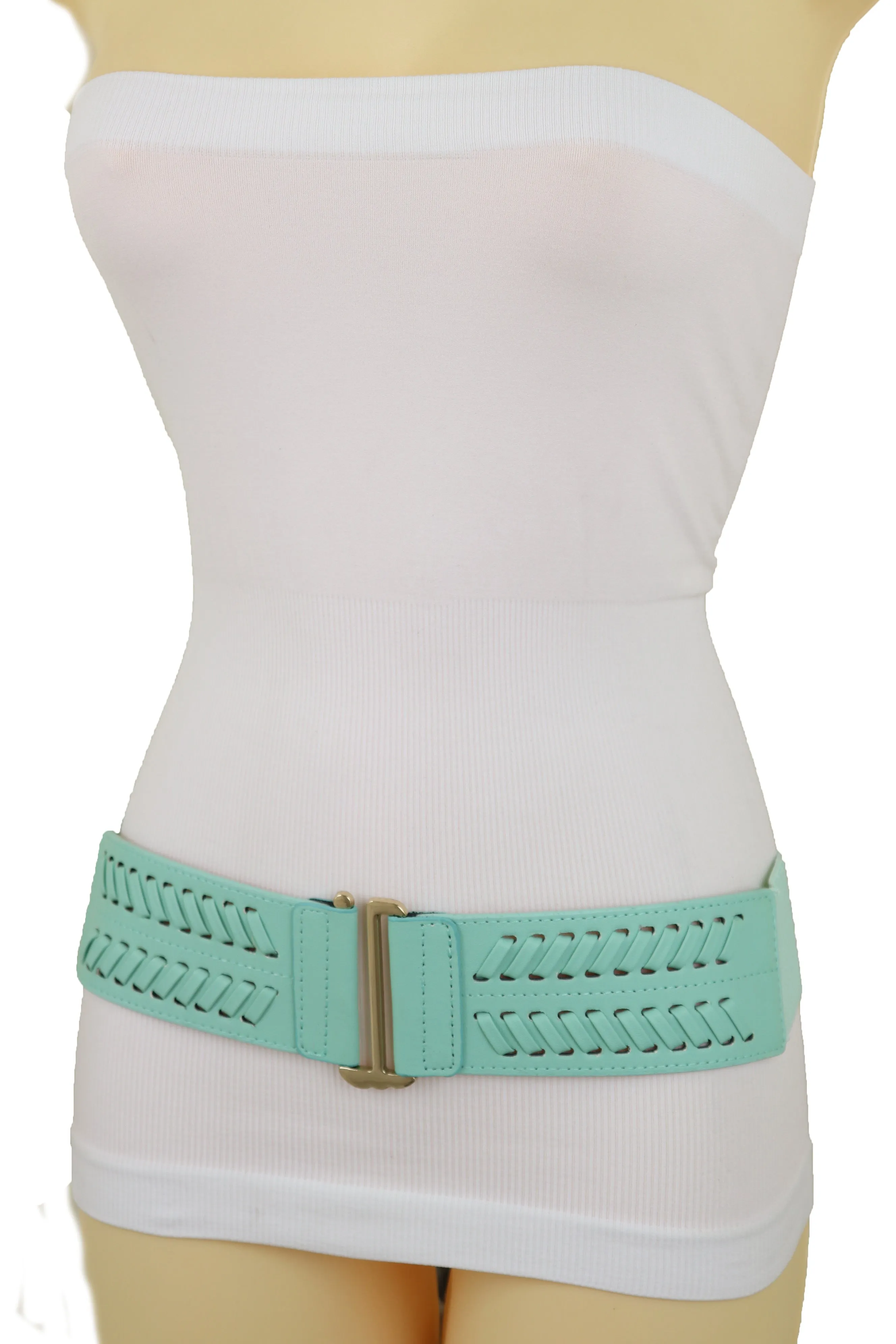 Women Pastel Bright Blue Aqua Mint Color Stripes Arrow Elastic Band Fashion Belt Gold Buckle S M
