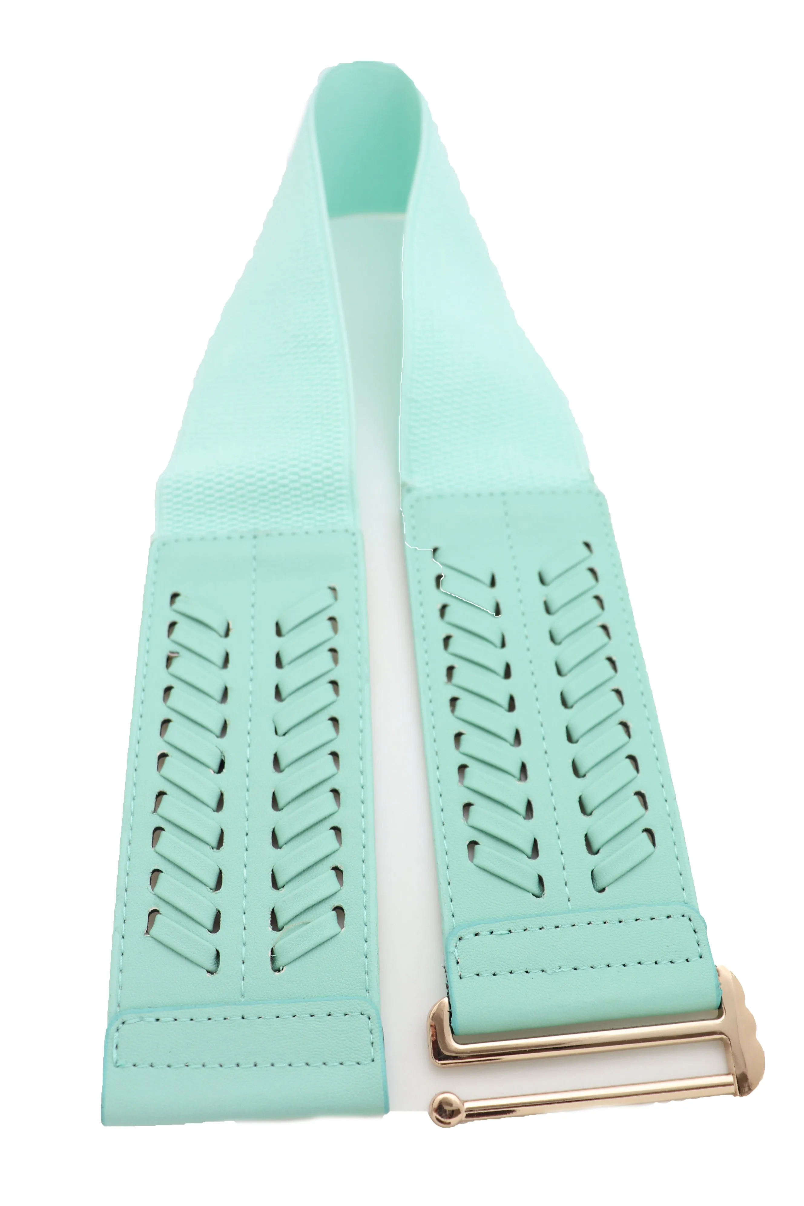 Women Pastel Bright Blue Aqua Mint Color Stripes Arrow Elastic Band Fashion Belt Gold Buckle S M