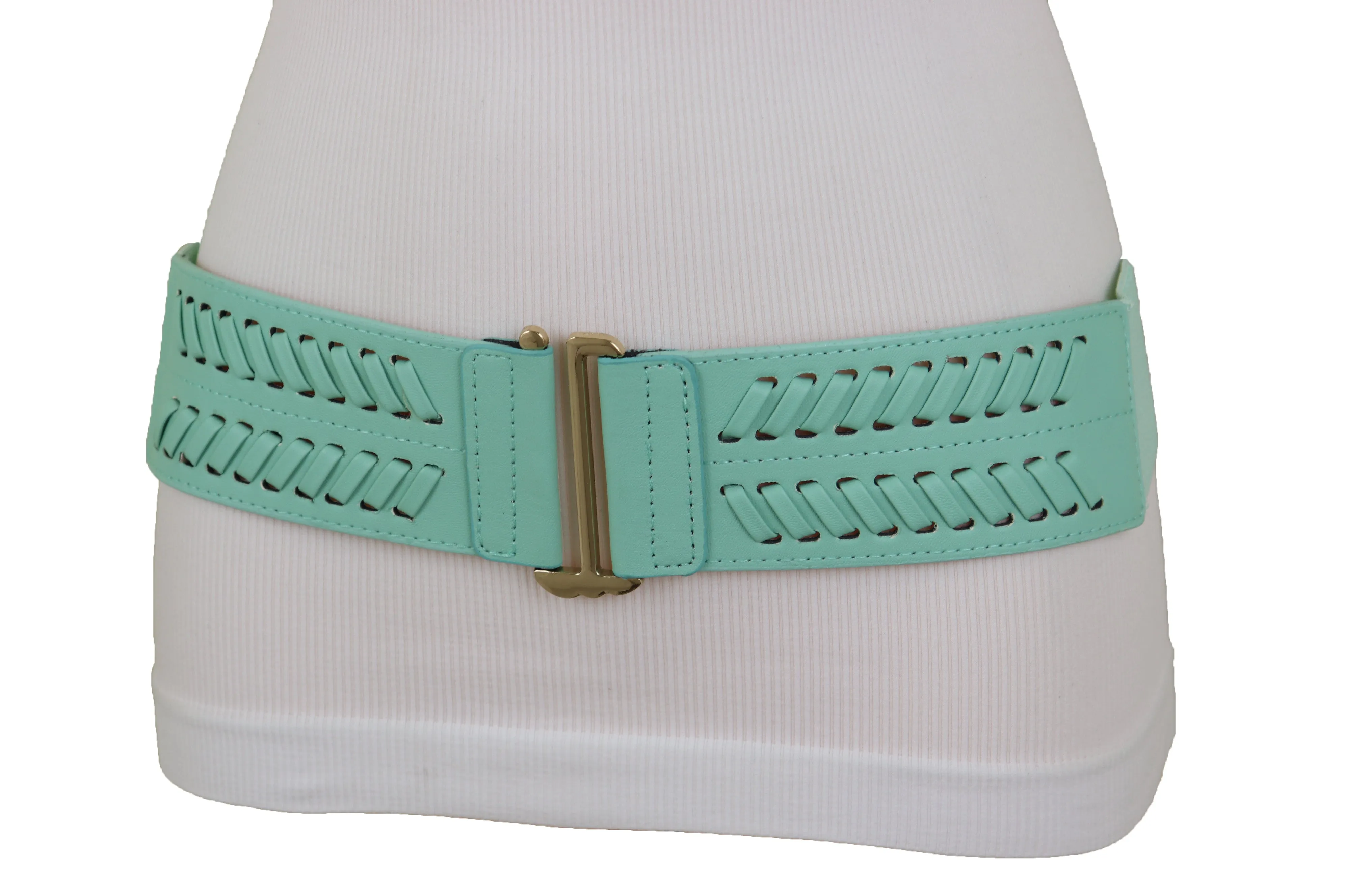 Women Pastel Bright Blue Aqua Mint Color Stripes Arrow Elastic Band Fashion Belt Gold Buckle S M