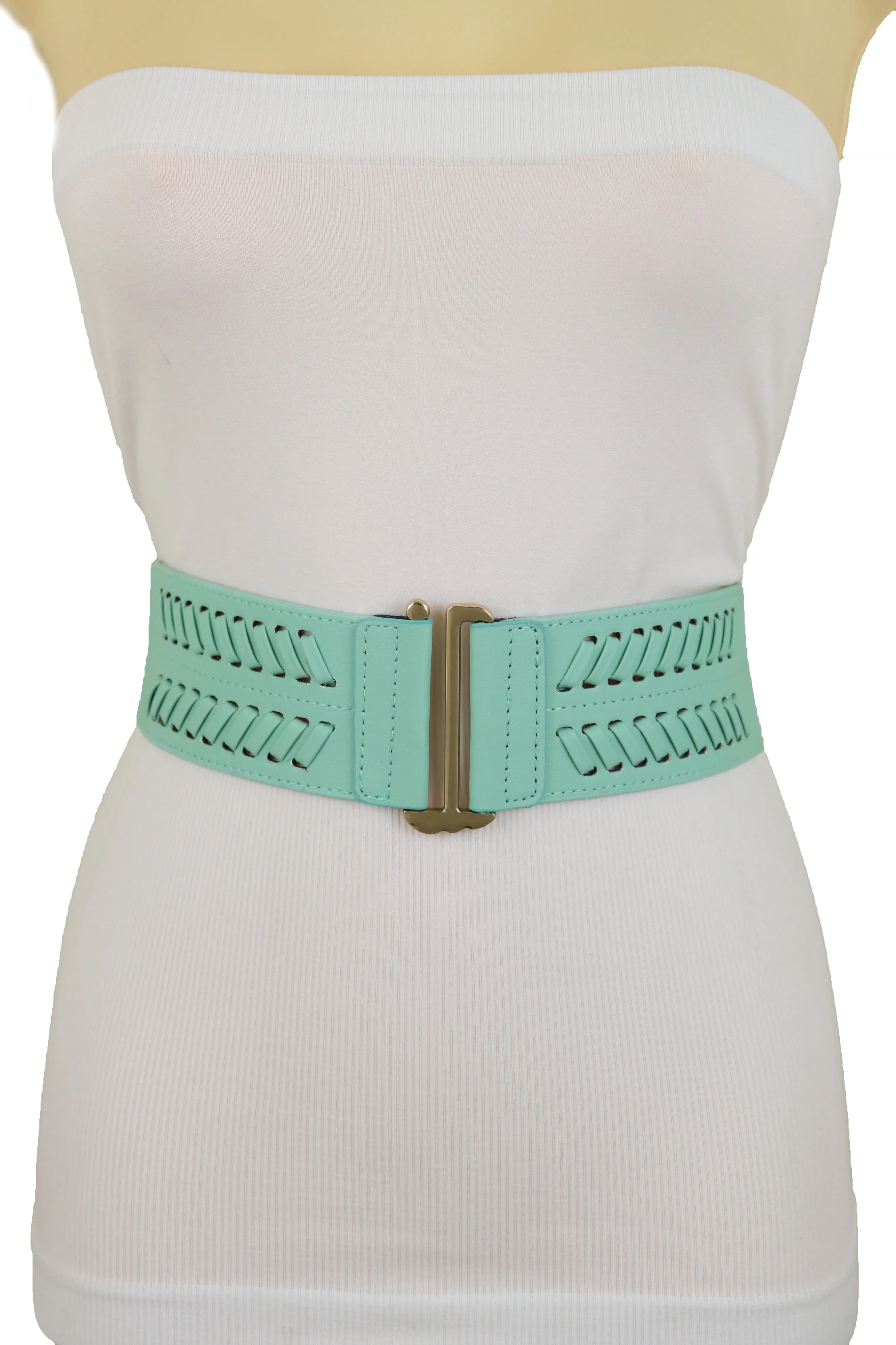 Women Pastel Bright Blue Aqua Mint Color Stripes Arrow Elastic Band Fashion Belt Gold Buckle S M