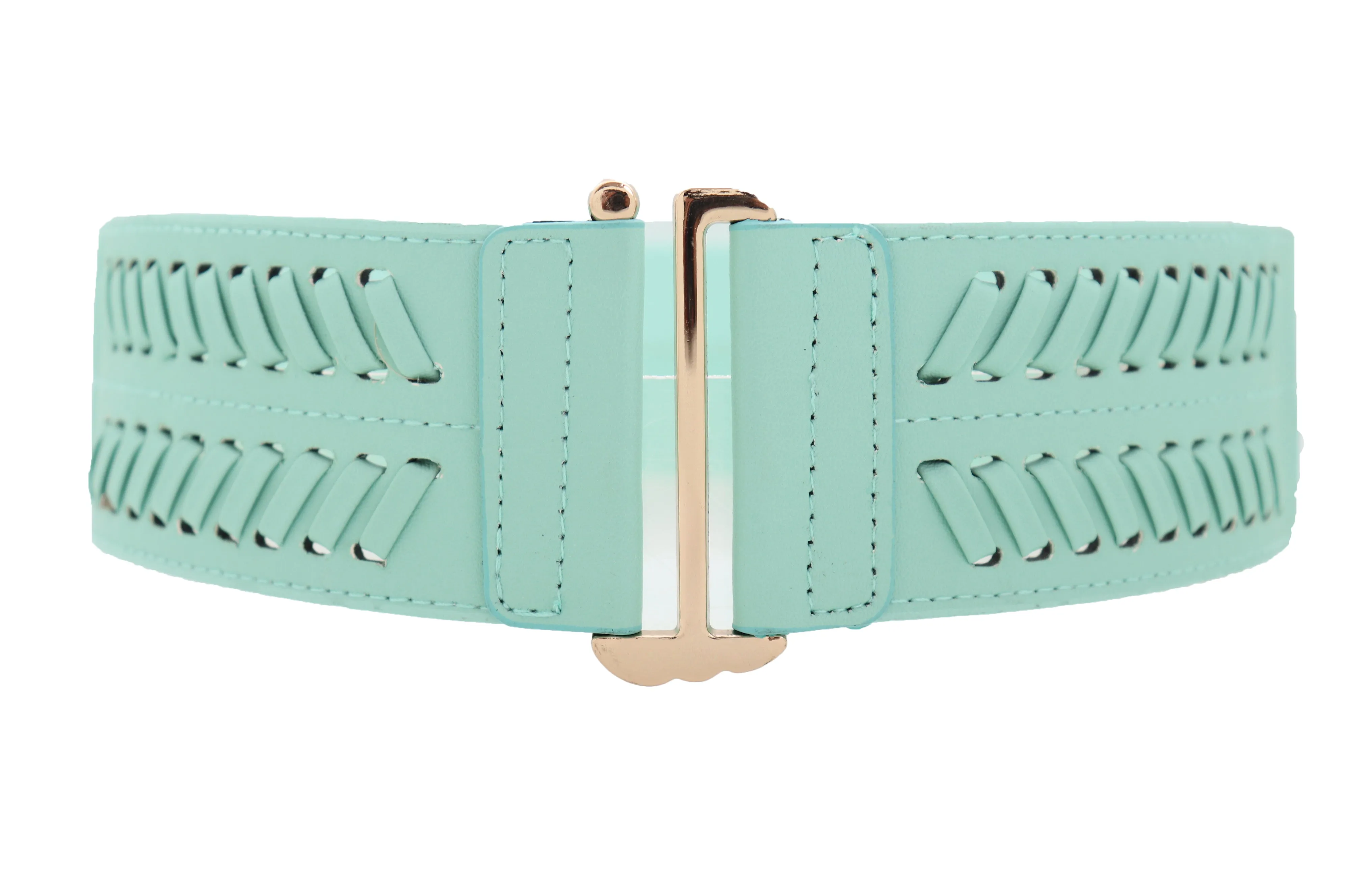 Women Pastel Bright Blue Aqua Mint Color Stripes Arrow Elastic Band Fashion Belt Gold Buckle S M
