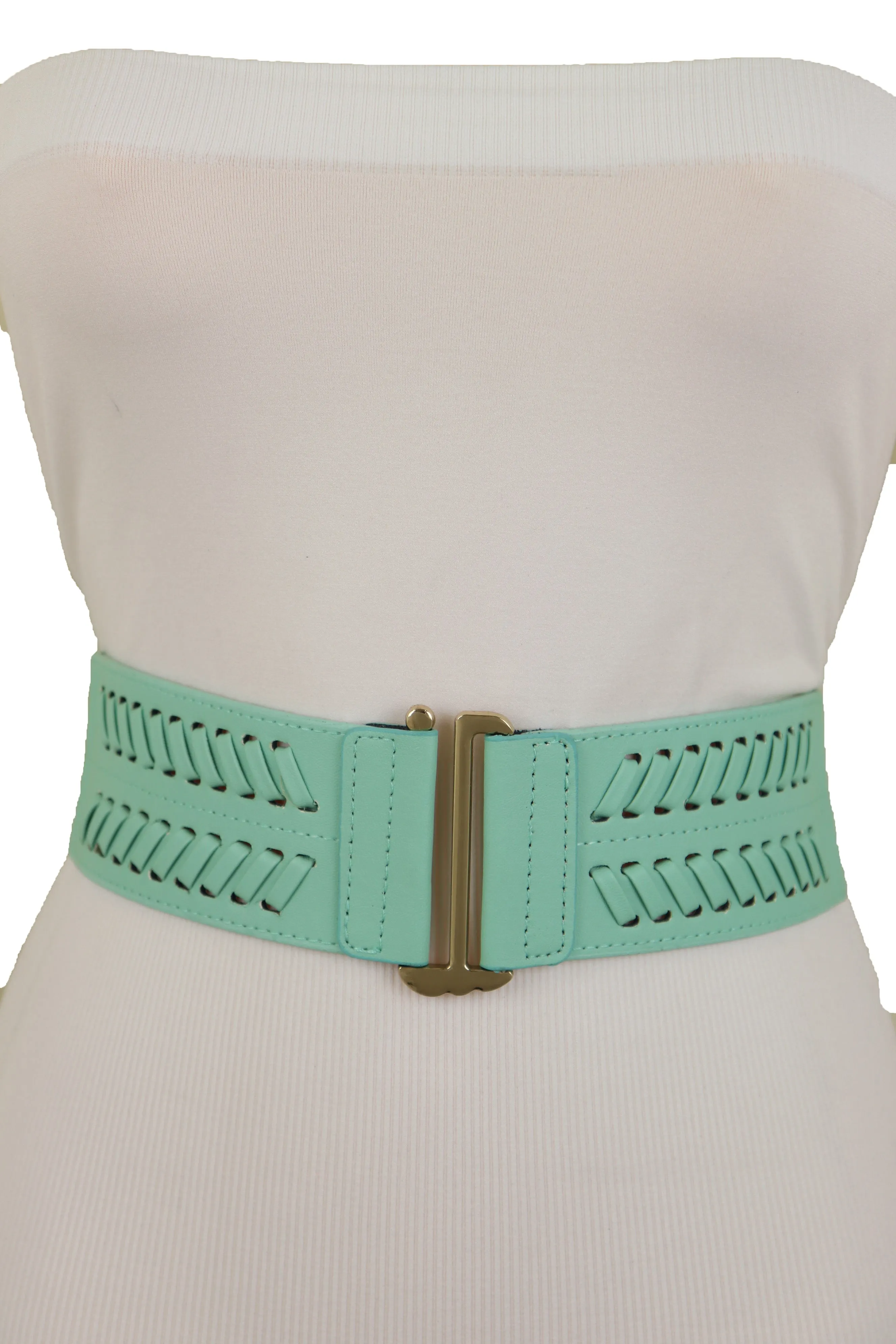 Women Pastel Bright Blue Aqua Mint Color Stripes Arrow Elastic Band Fashion Belt Gold Buckle S M
