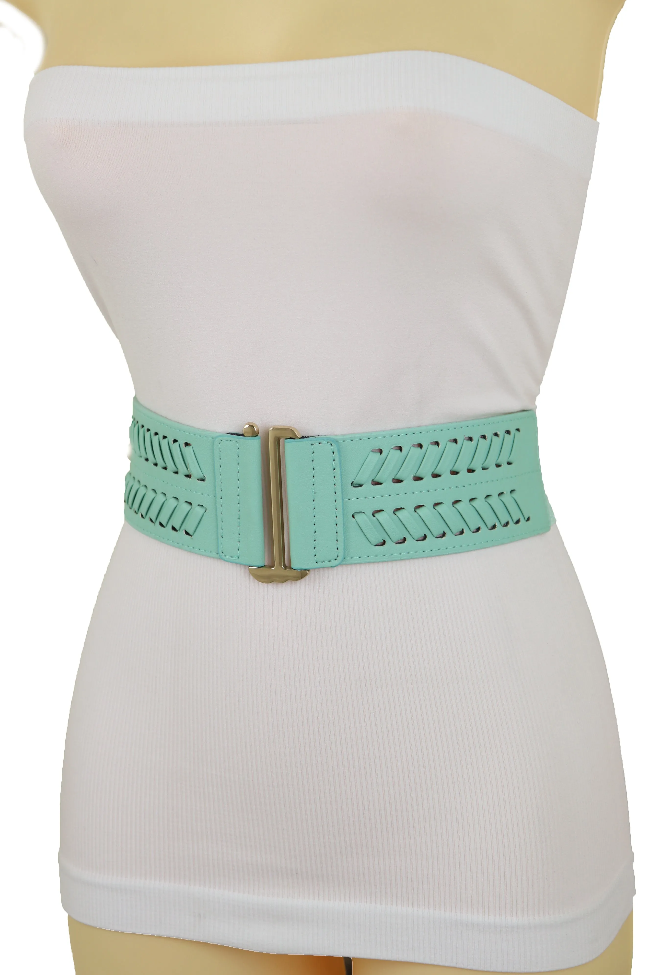 Women Pastel Bright Blue Aqua Mint Color Stripes Arrow Elastic Band Fashion Belt Gold Buckle S M