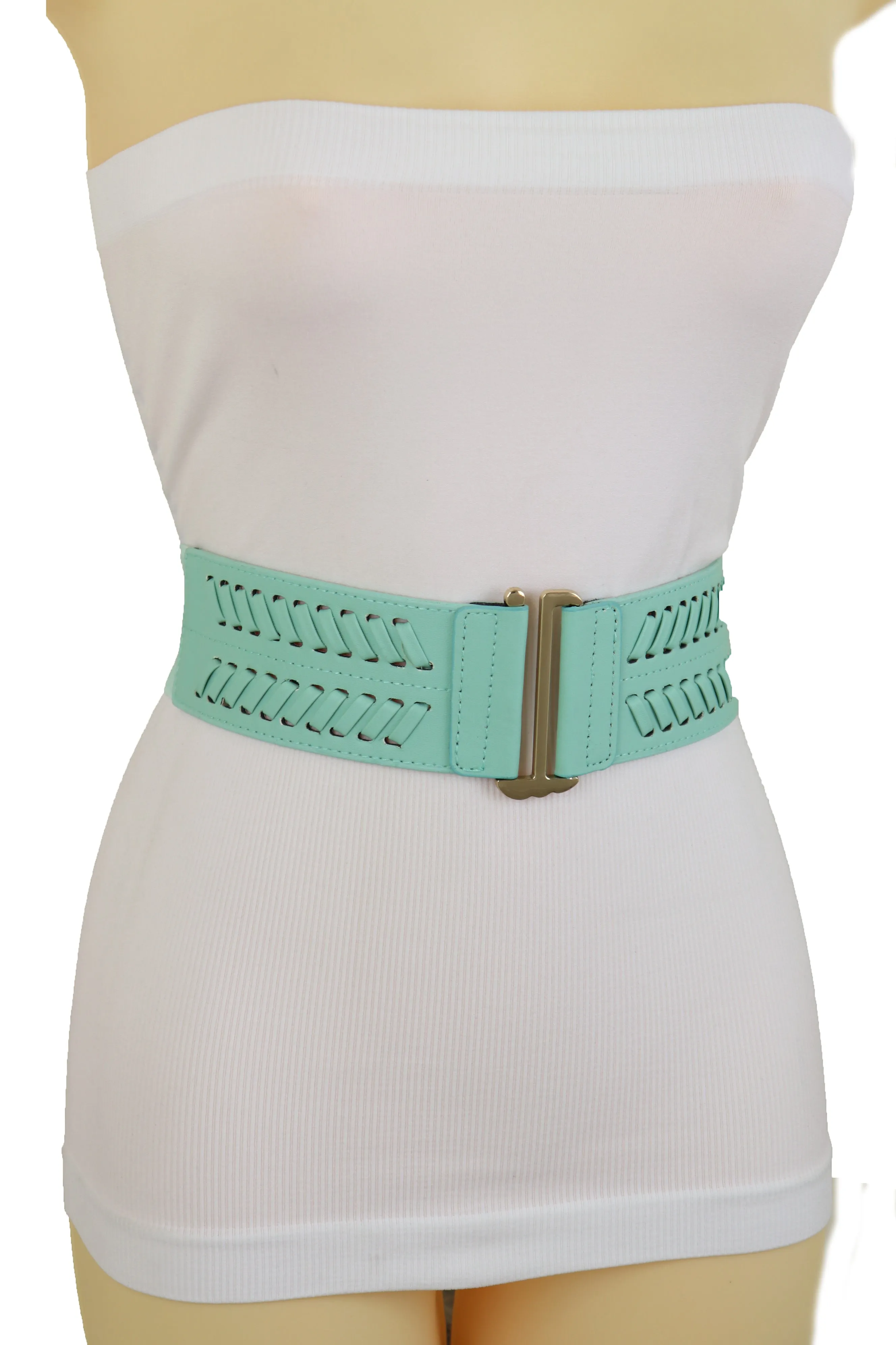 Women Pastel Bright Blue Aqua Mint Color Stripes Arrow Elastic Band Fashion Belt Gold Buckle S M