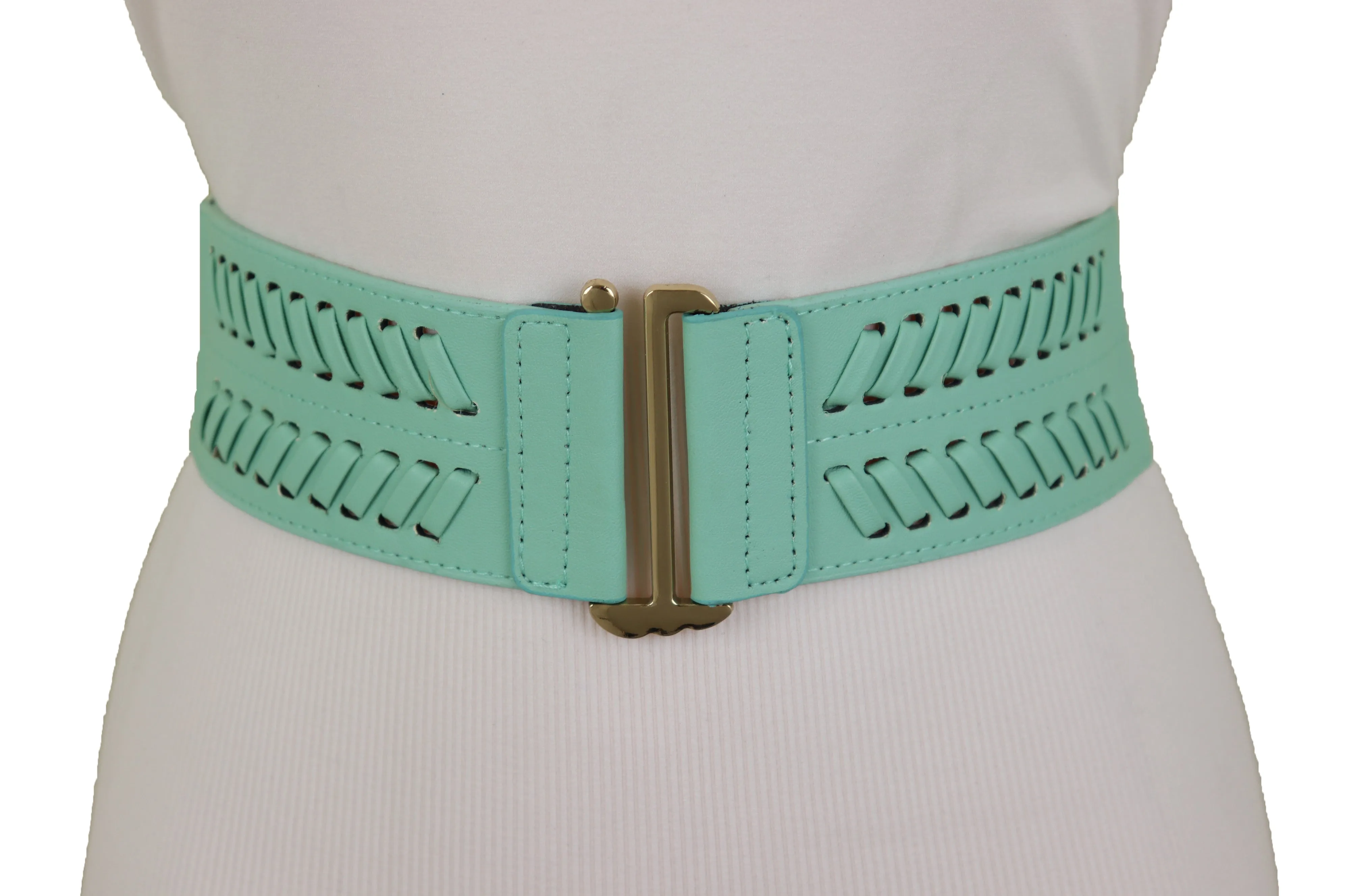 Women Pastel Bright Blue Aqua Mint Color Stripes Arrow Elastic Band Fashion Belt Gold Buckle S M