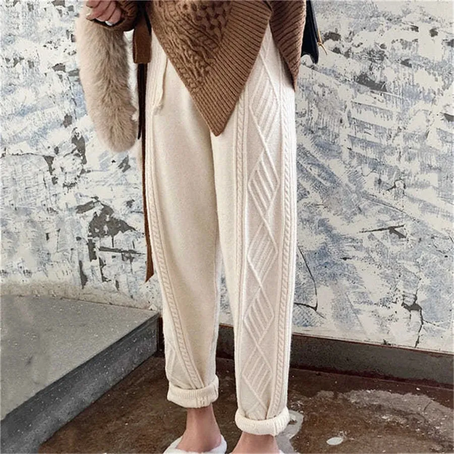 Women's Chunky Cable Knitted Sweatpants Casual High Waist Thick Harem Ankle-Length Loose Pants