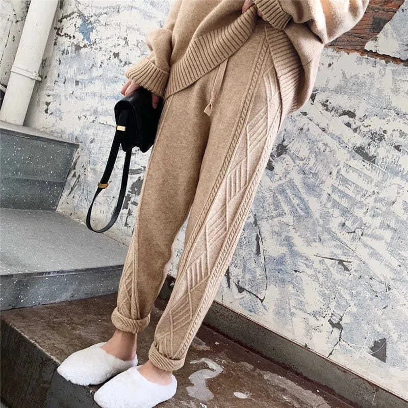 Women's Chunky Cable Knitted Sweatpants Casual High Waist Thick Harem Ankle-Length Loose Pants