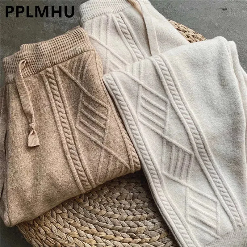 Women's Chunky Cable Knitted Sweatpants Casual High Waist Thick Harem Ankle-Length Loose Pants