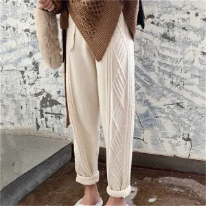 Women's Chunky Cable Knitted Sweatpants Casual High Waist Thick Harem Ankle-Length Loose Pants