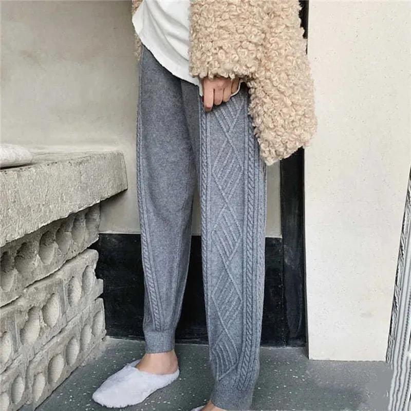 Women's Chunky Cable Knitted Sweatpants Casual High Waist Thick Harem Ankle-Length Loose Pants