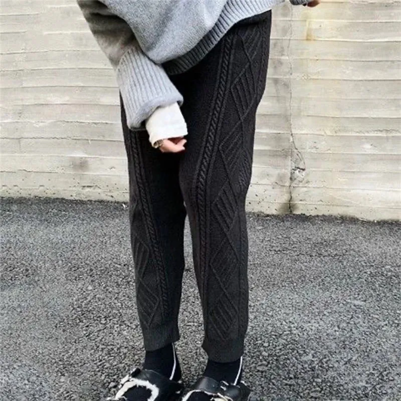 Women's Chunky Cable Knitted Sweatpants Casual High Waist Thick Harem Ankle-Length Loose Pants