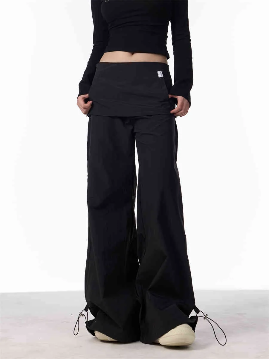 Women's Fake Two-piece Overalls Bandage Dress Wide-leg Casual Pants