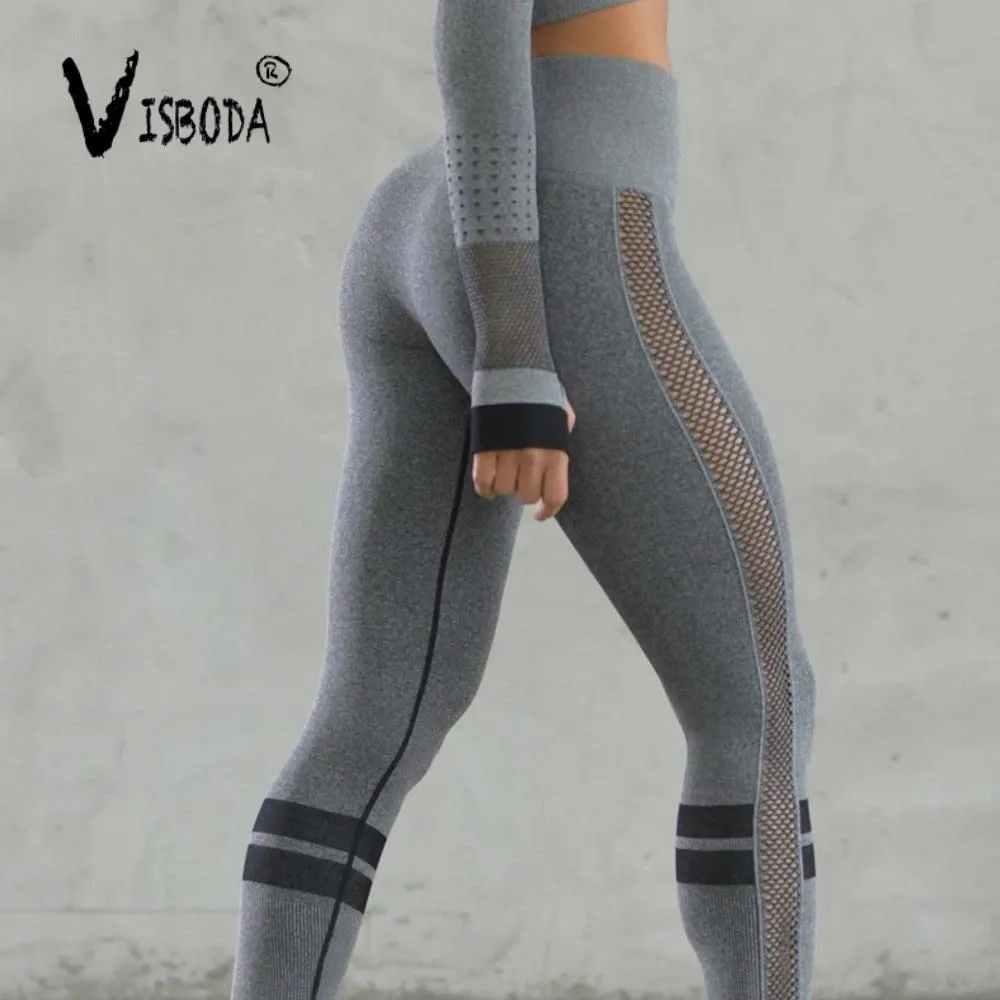 Women's High Waist Gray Striped Mesh Leggings