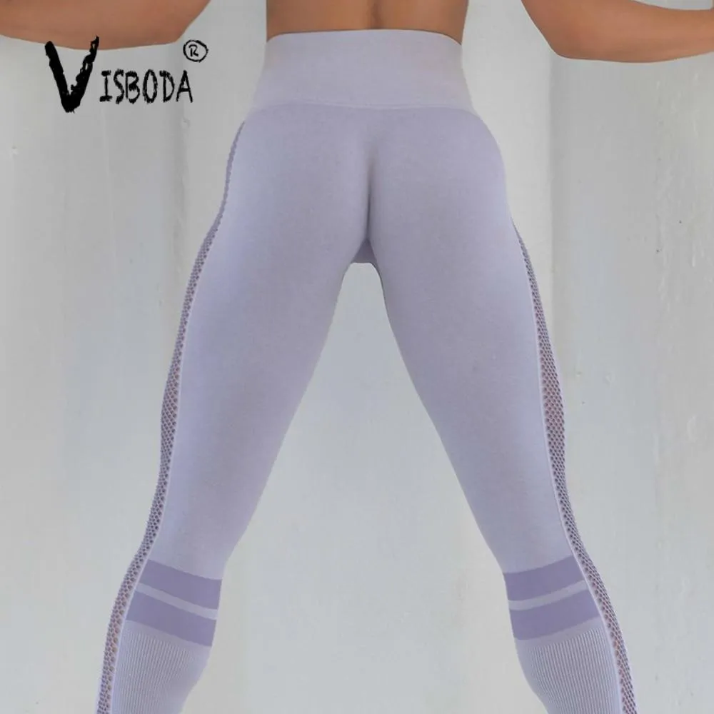 Women's High Waist Gray Striped Mesh Leggings