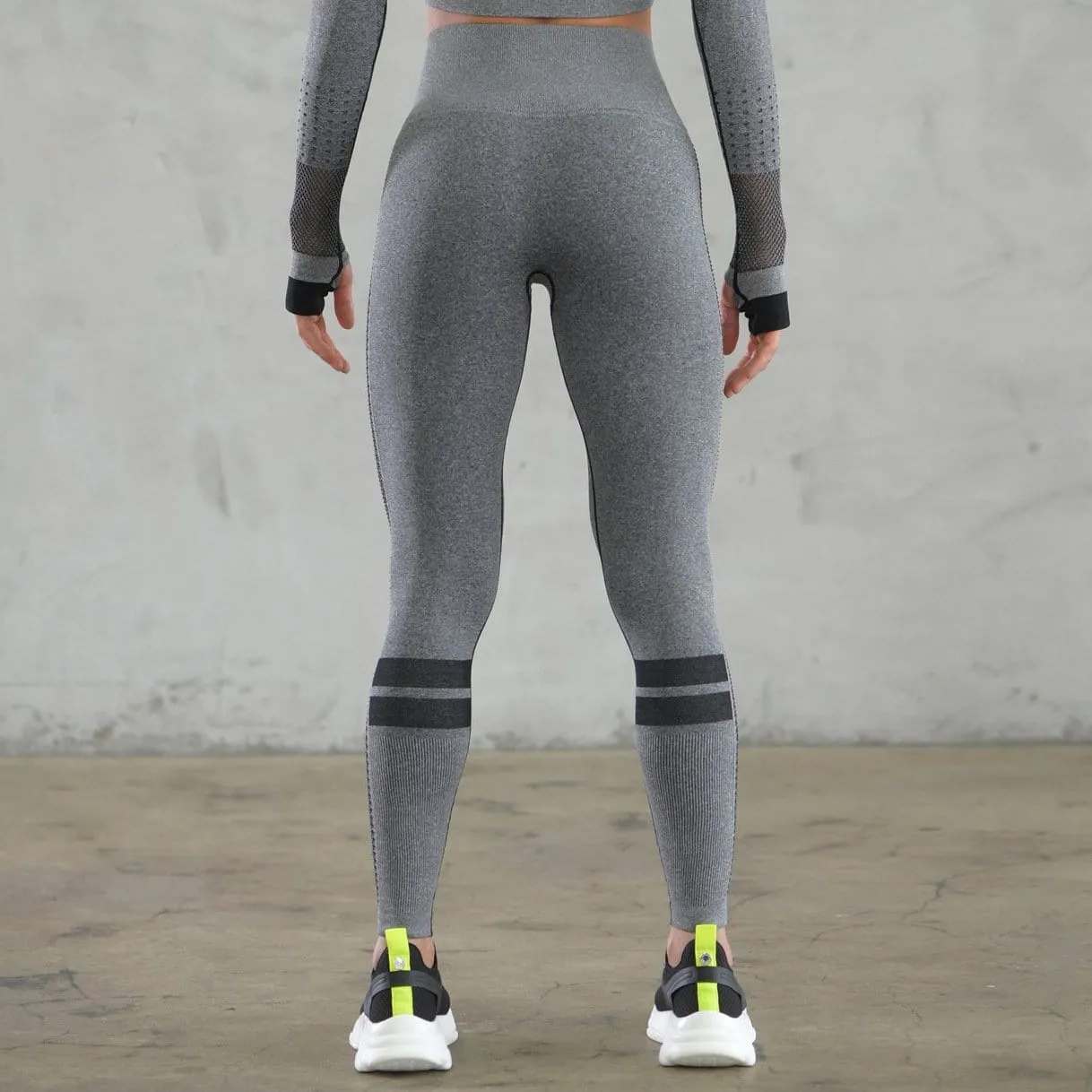 Women's High Waist Gray Striped Mesh Leggings