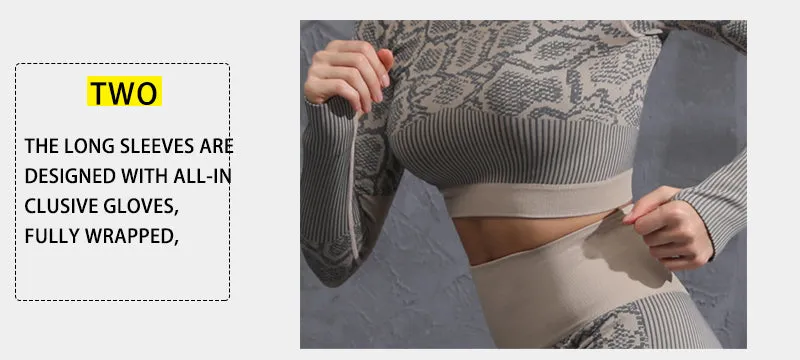 Women's Seamless Snake Printed Yoga Set - Long Sleeve Crop Top & Pants