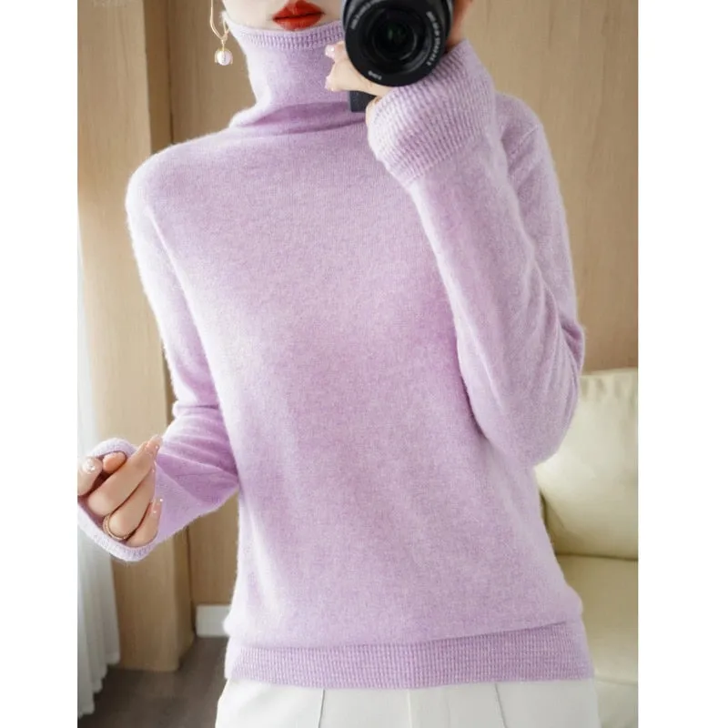 Wool Blend Pile Collar Cashmere Sweater for Women Wool Blend  Knitted Tops Pullover