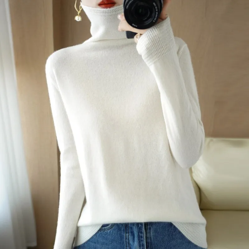 Wool Blend Pile Collar Cashmere Sweater for Women Wool Blend  Knitted Tops Pullover