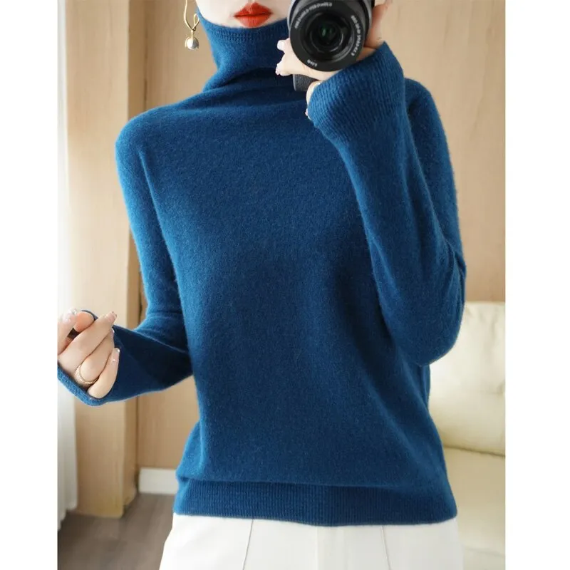 Wool Blend Pile Collar Cashmere Sweater for Women Wool Blend  Knitted Tops Pullover