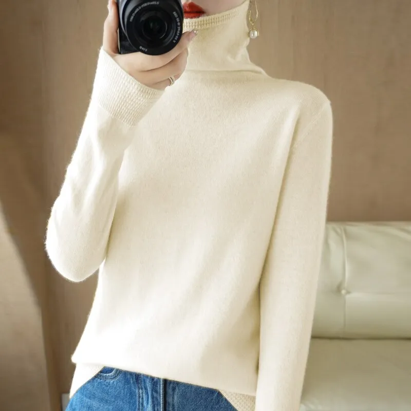 Wool Blend Pile Collar Cashmere Sweater for Women Wool Blend  Knitted Tops Pullover