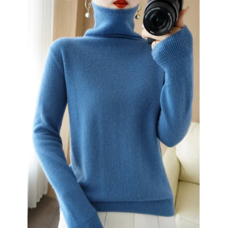 Wool Blend Pile Collar Cashmere Sweater for Women Wool Blend  Knitted Tops Pullover